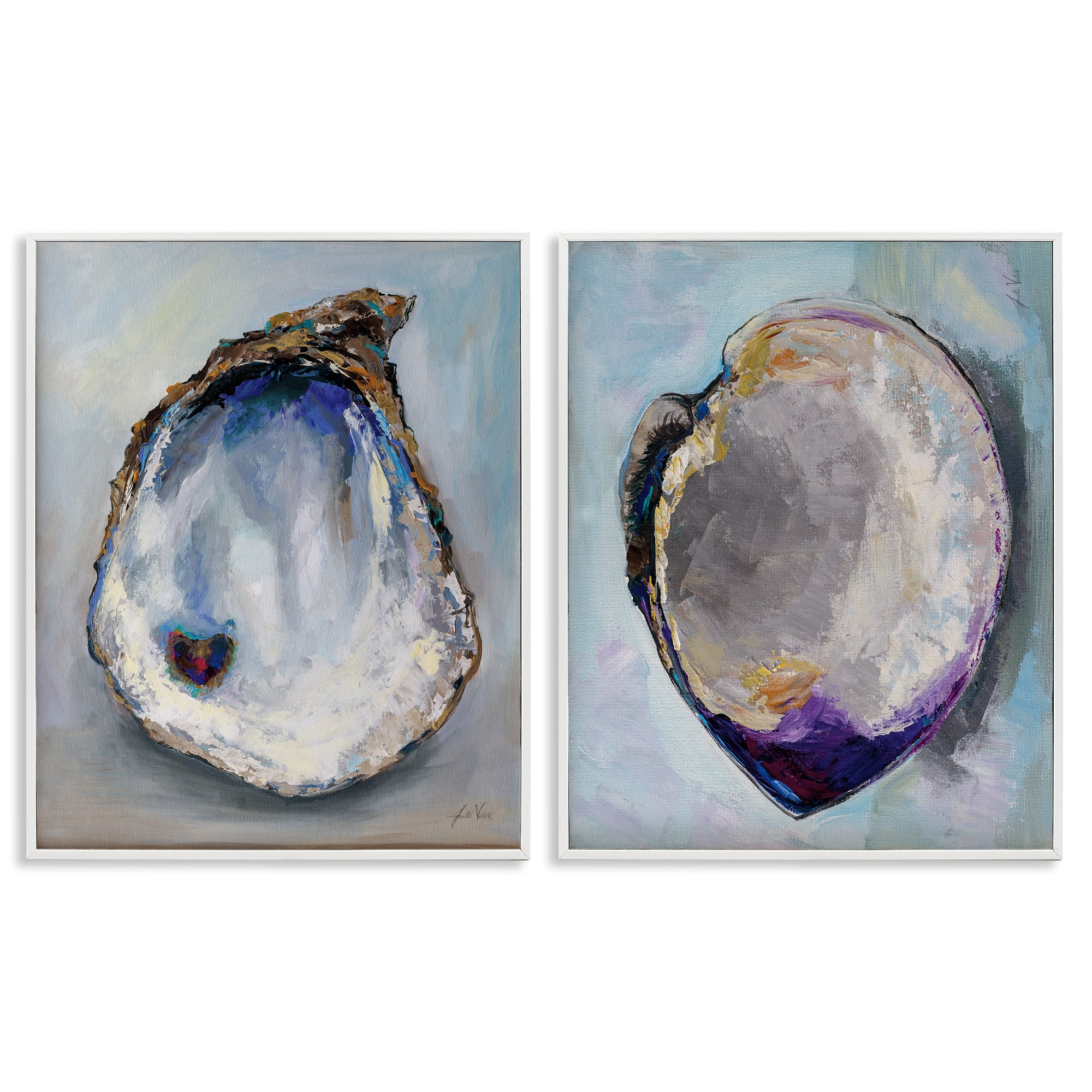 Stupell Industries Open Oyster Clam Shell Nautical & Beach Painting White Framed Art Print Wall Art, 11 x 14, Set of 2