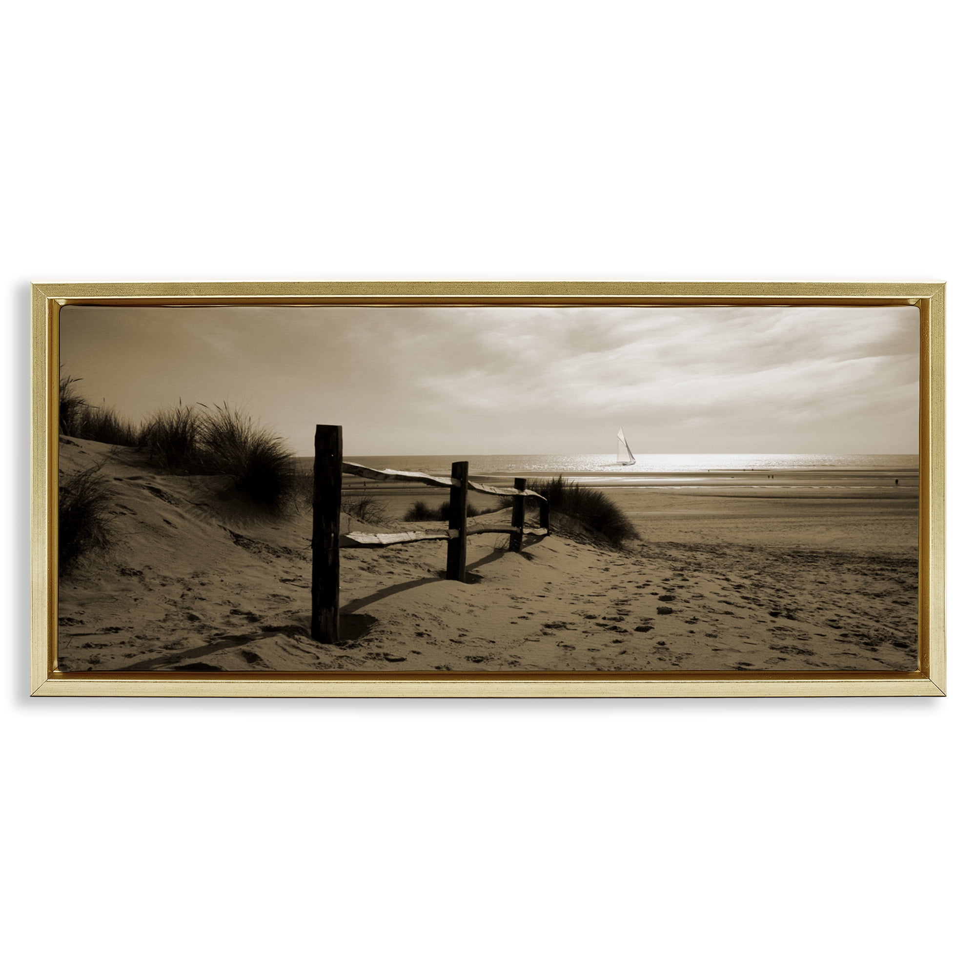 Stupell Industries Open Water Beach Landscape Photography Gold Floater Framed Canvas Art Print Wall Art, 25 x 11