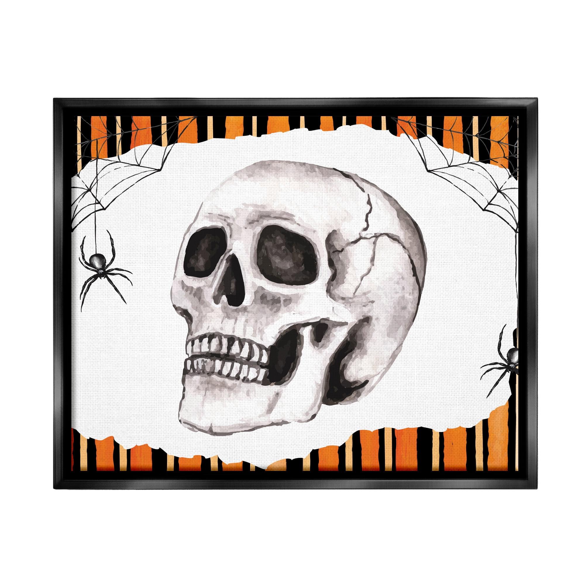 Stupell Industries Orange & Black Striped Skull Holiday Painting Black Floater Framed Art Print Wall Art