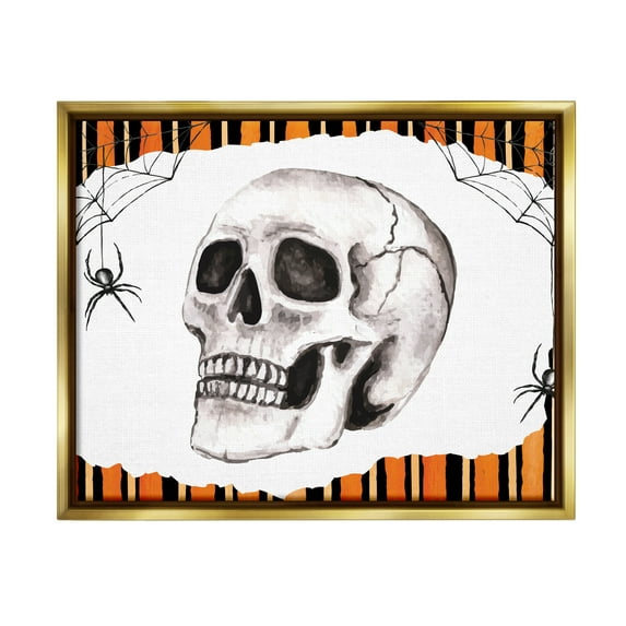 Stupell Industries Orange & Black Striped Skull Holiday Painting Gold Floater Framed Art Print Wall Art