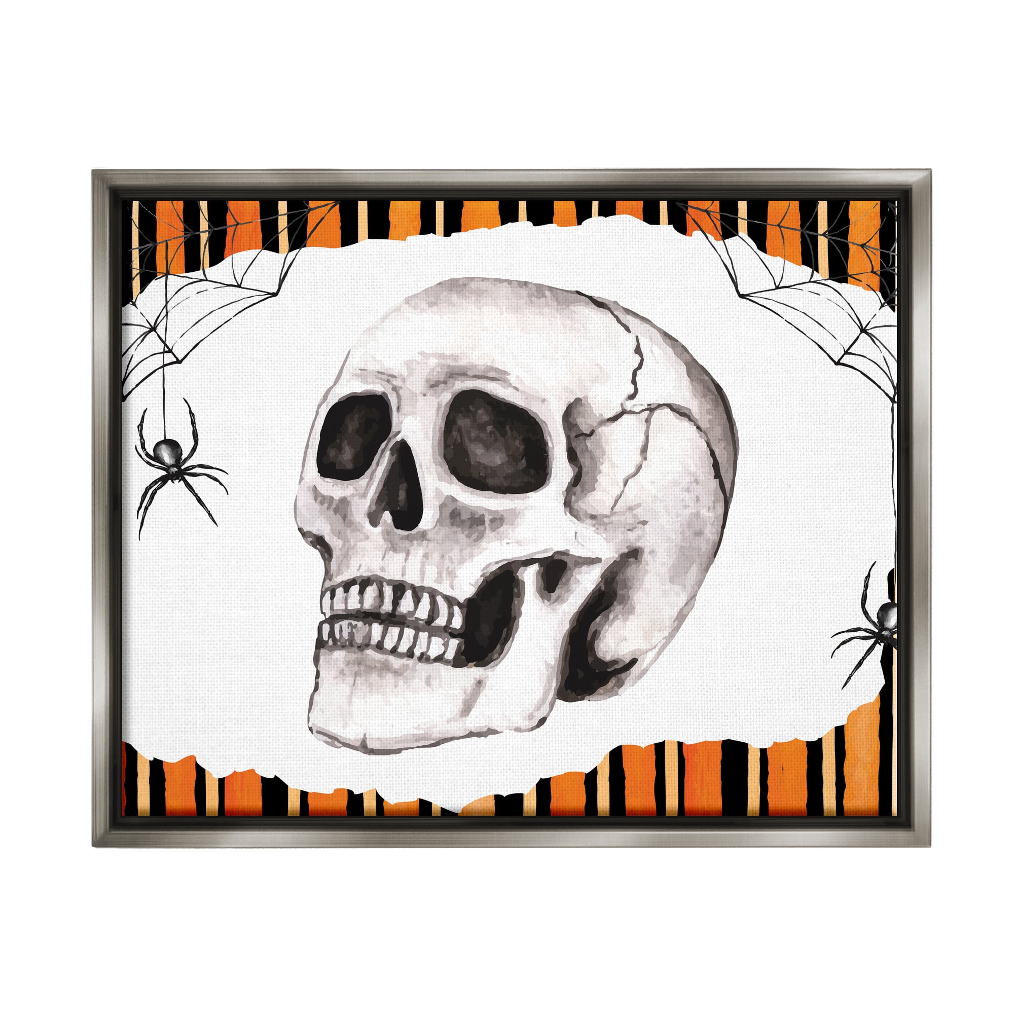 Stupell Industries Orange & Black Striped Skull Holiday Painting Gray Floater Framed Art Print Wall Art