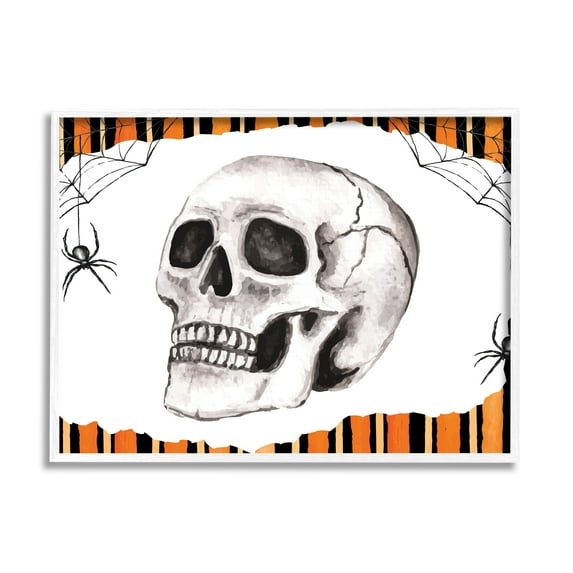 Stupell Industries Orange & Black Striped Skull Holiday Painting White Framed Art Print Wall Art