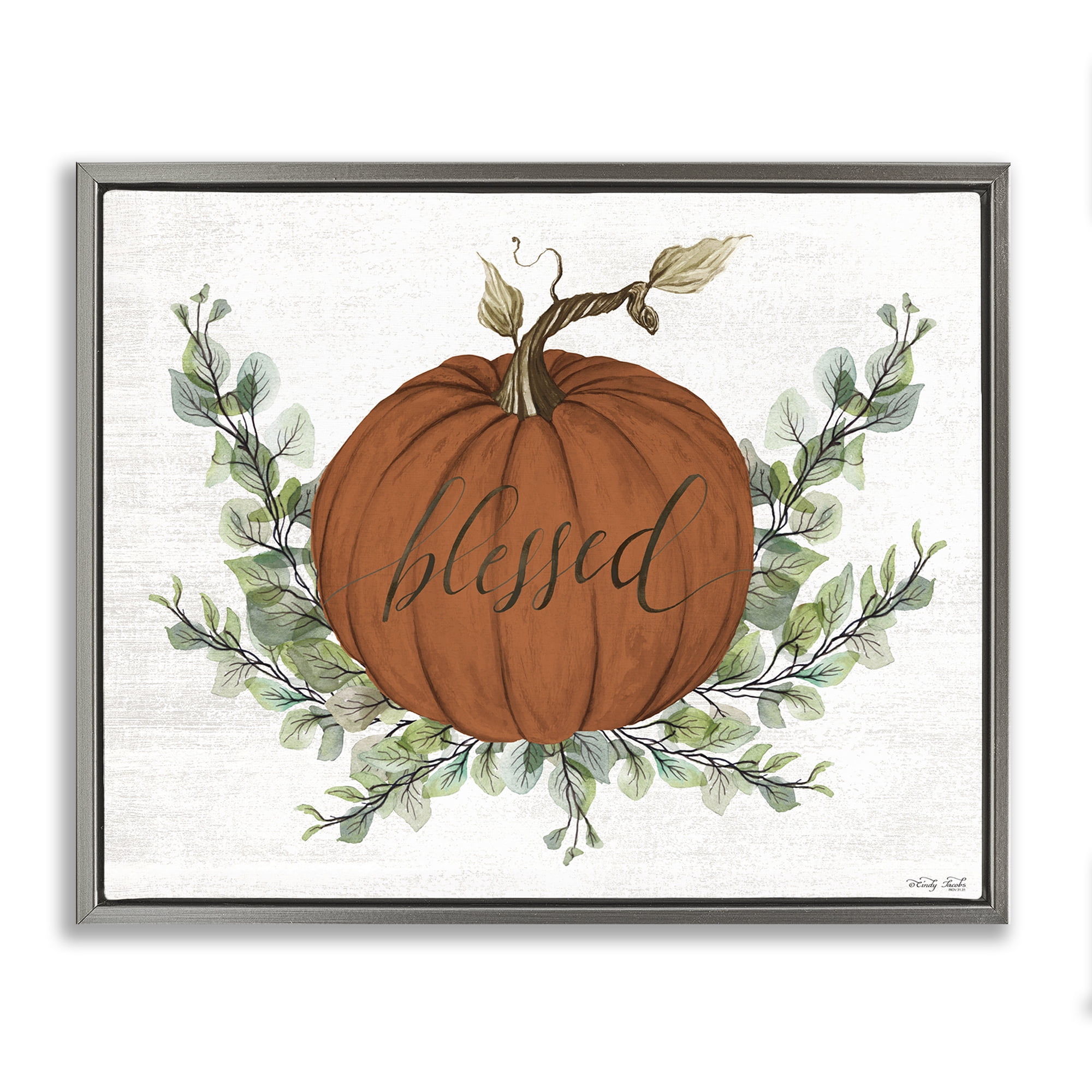 Stupell Industries Orange Blessed Pumpkin Food & Beverage Painting Gray Floater Framed Canvas Art Print Wall Art, 31 x 25