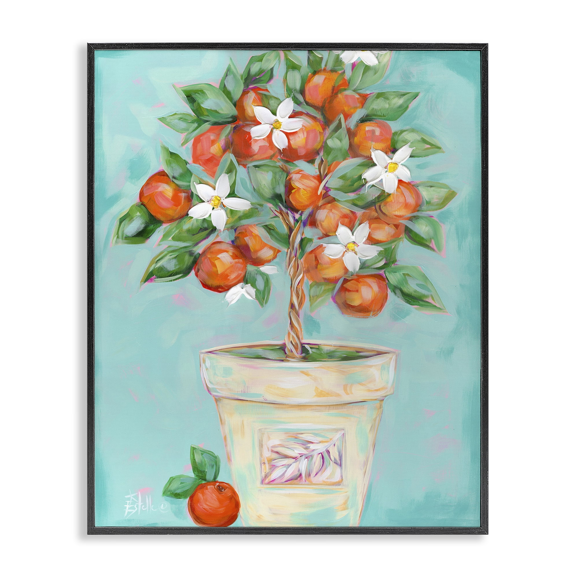 Stupell Industries Orange Blossom Clay Pot Food & Beverage Painting Black Framed Art Print Wall Art, 16 x 20