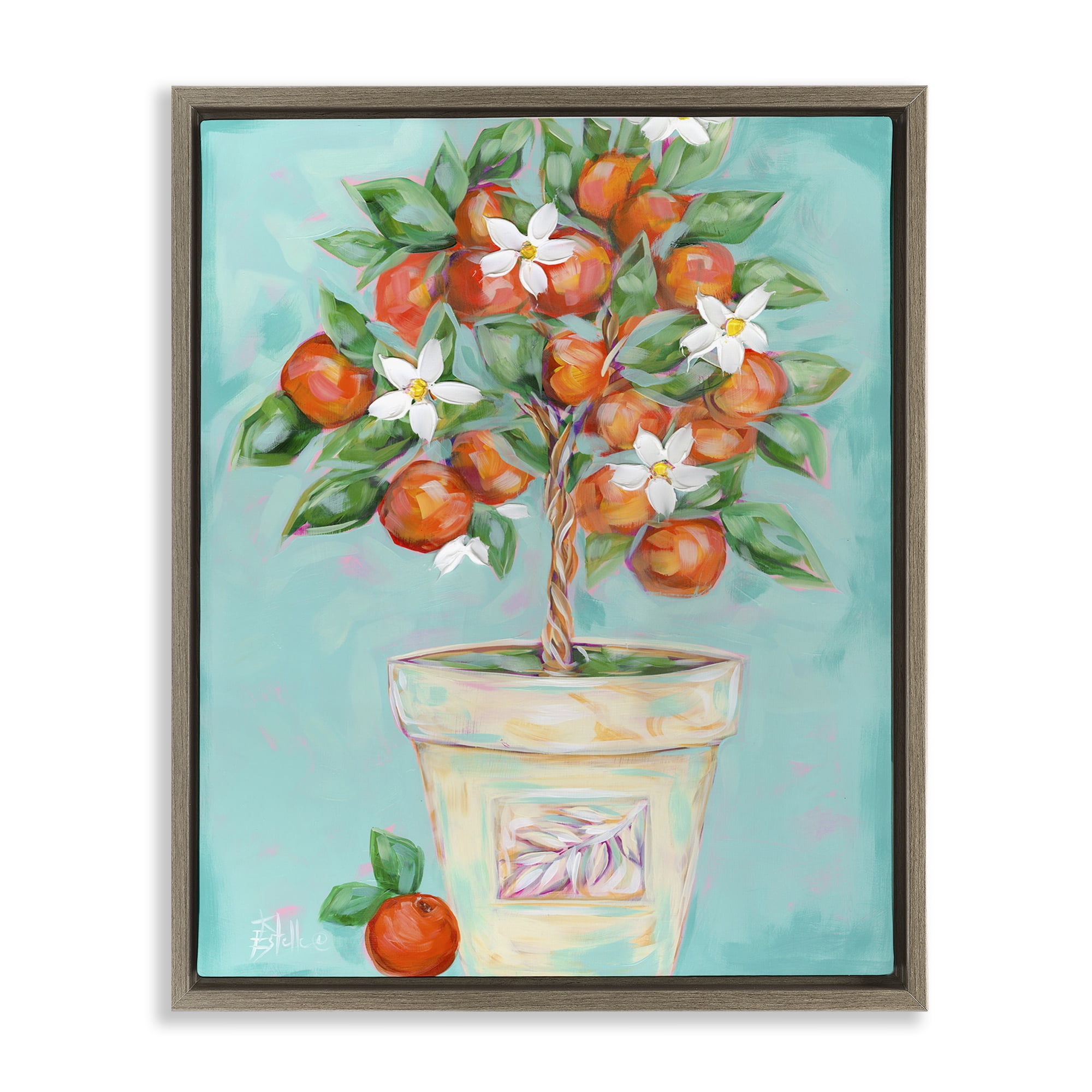 Stupell Industries Orange Blossom Clay Pot Food & Beverage Painting Brown Floater Framed Art Print Wall Art, 17 x 21