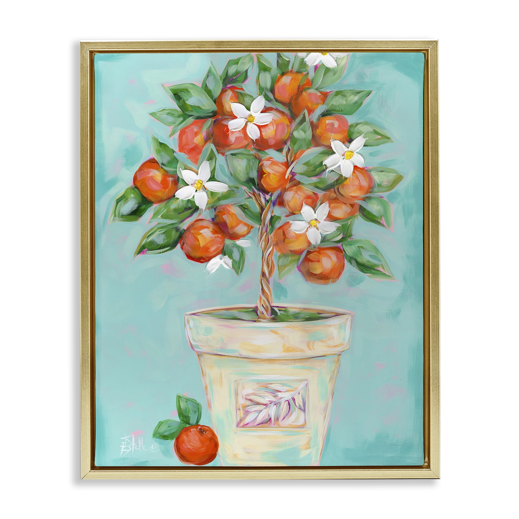 Stupell Industries Orange Blossom Clay Pot Food & Beverage Painting Gold Floater Framed Art Print Wall Art, 17 x 21