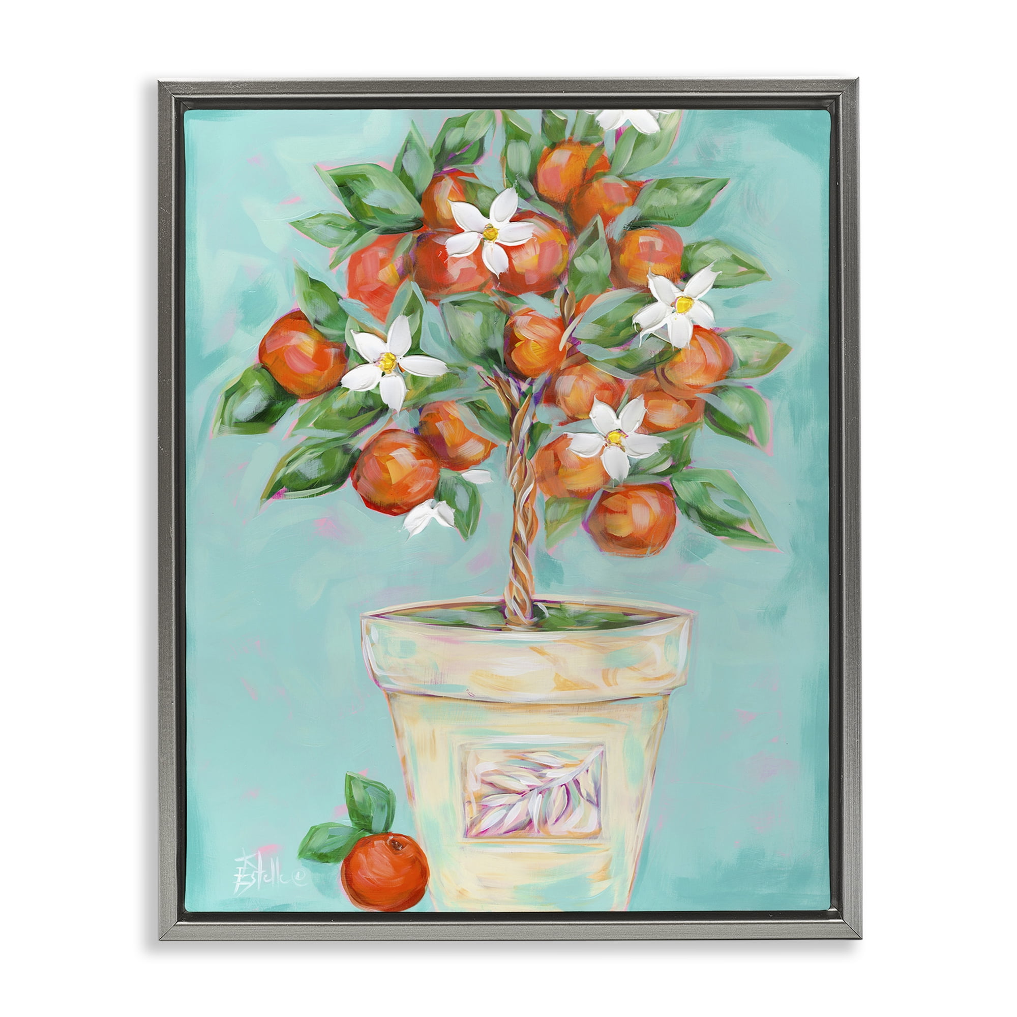 Stupell Industries Orange Blossom Clay Pot Food & Beverage Painting Gray Floater Framed Art Print Wall Art, 25 x 31