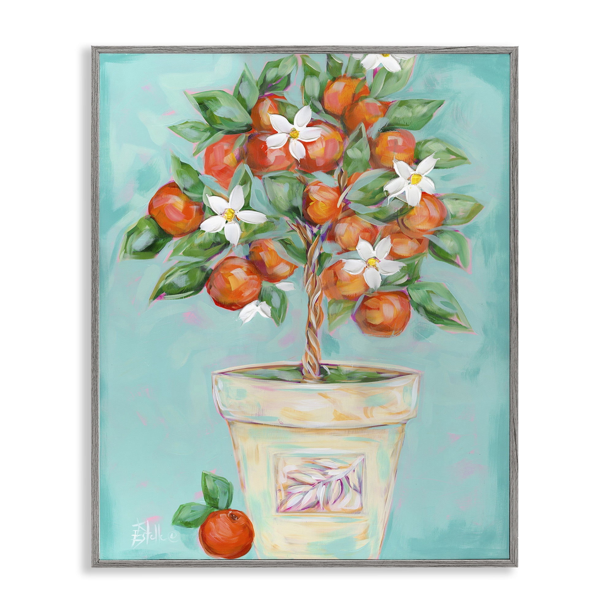 Stupell Industries Orange Blossom Clay Pot Food & Beverage Painting Gray Framed Art Print Wall Art, 16 x 20