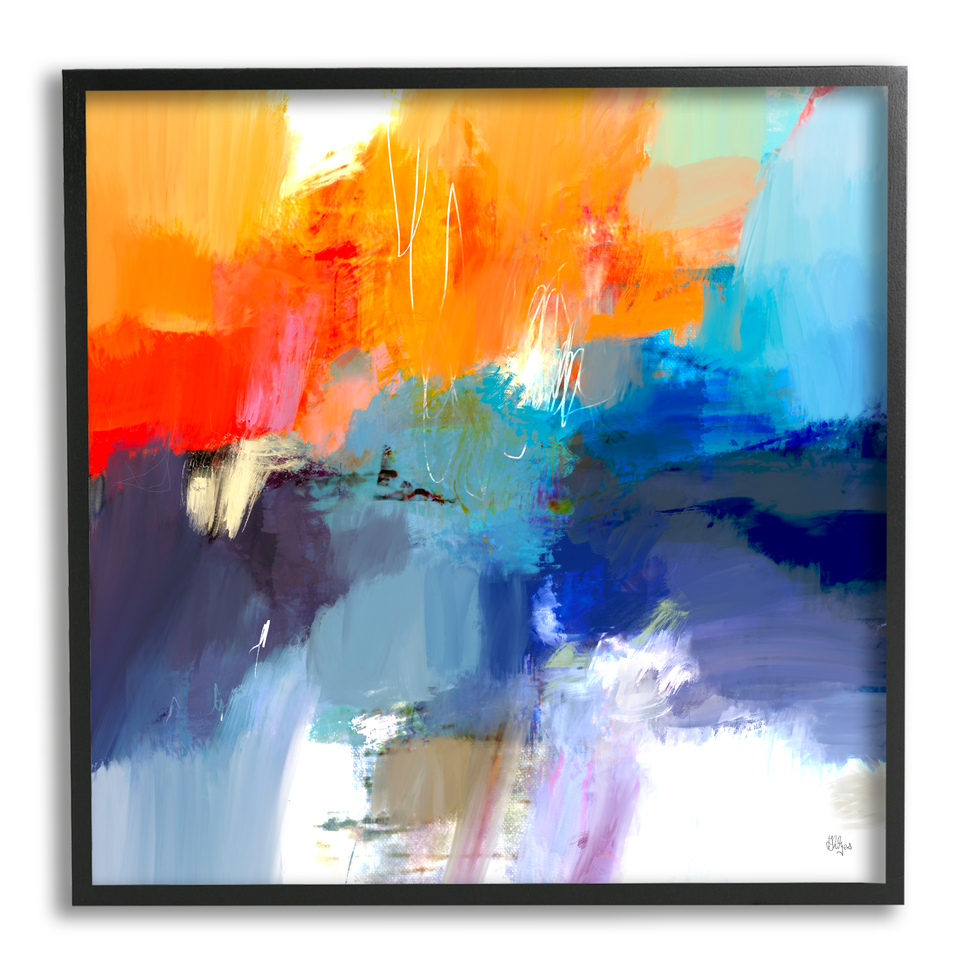 Stupell Industries Orange & Blue Abstraction Abstract Painting Black Framed Art Print Wall Art, 17 x 17