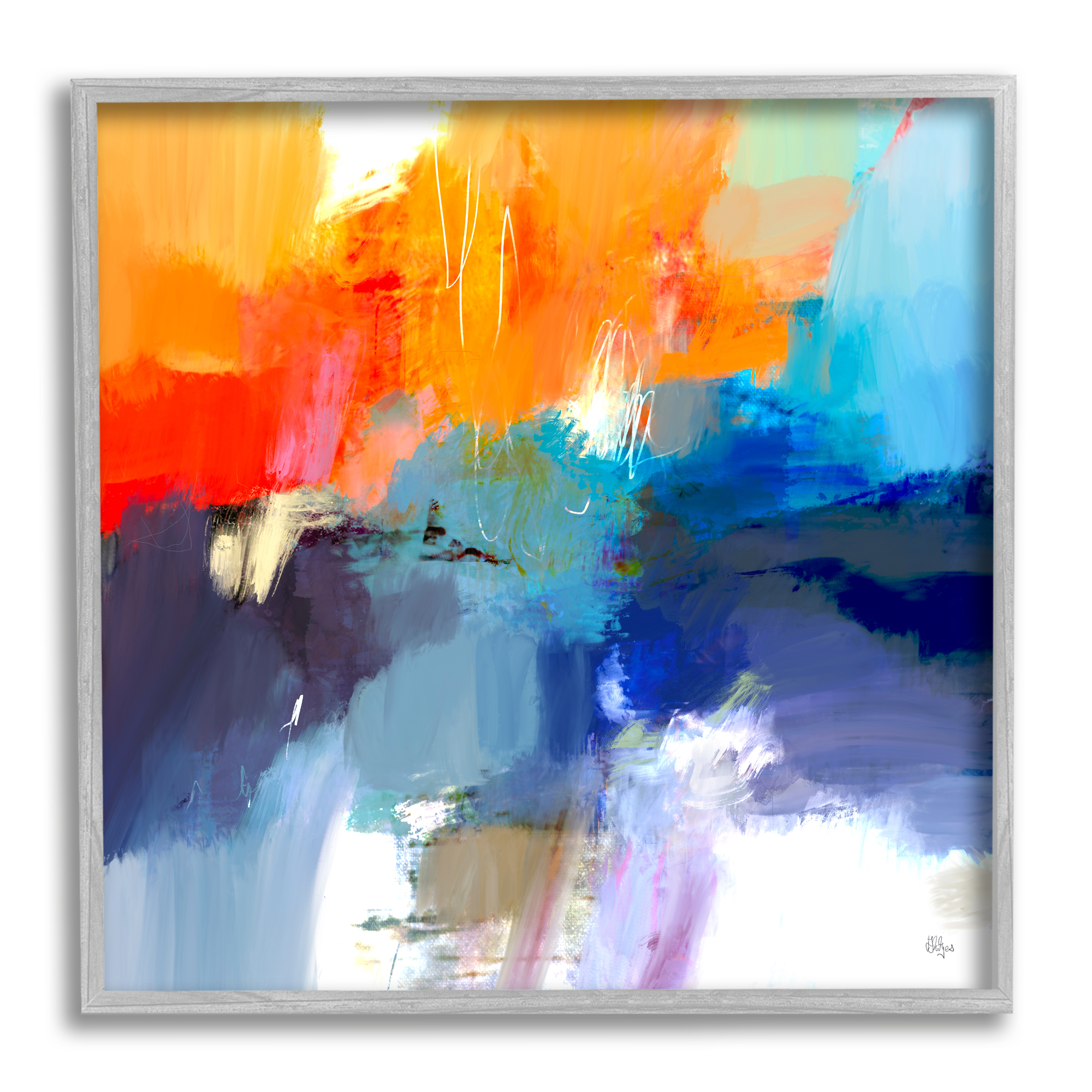 Stupell Industries Orange & Blue Abstraction Abstract Painting Gray Framed Art Print Wall Art, 24 x 24