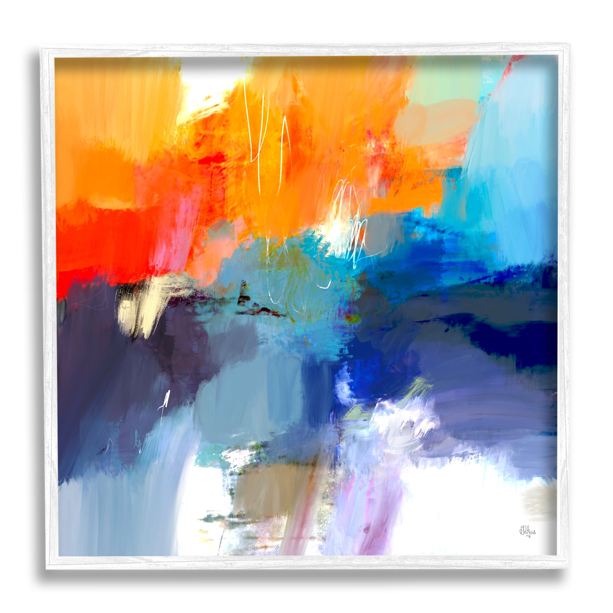 Stupell Industries Orange & Blue Abstraction Abstract Painting White Framed Art Print Wall Art, 17 x 17