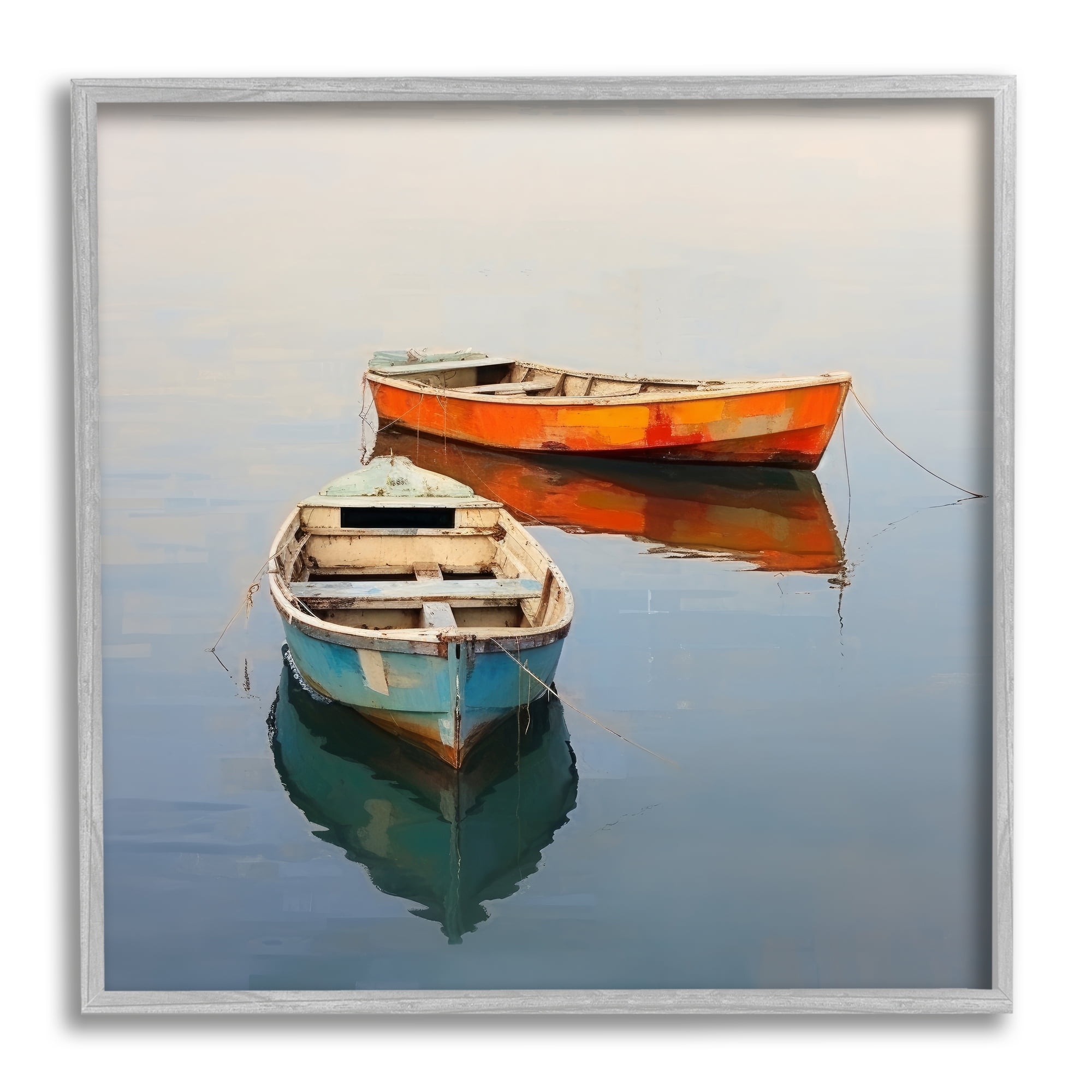 Stupell Industries Orange & Blue Boats Transportation Painting Gray Framed Art Print Wall Art, 17 x 17