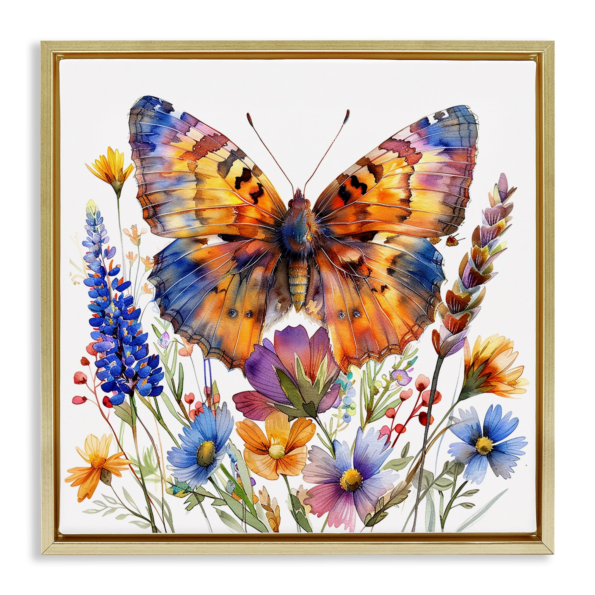 Stupell Industries Orange & Blue Butterfly Insects Painting Gold Floater Framed Canvas Art Print Wall Art, 18 x 18