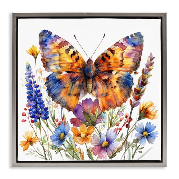 Stupell Industries Orange & Blue Butterfly Insects Painting Gray Floater Framed Canvas Art Print Wall Art, 25 x 25