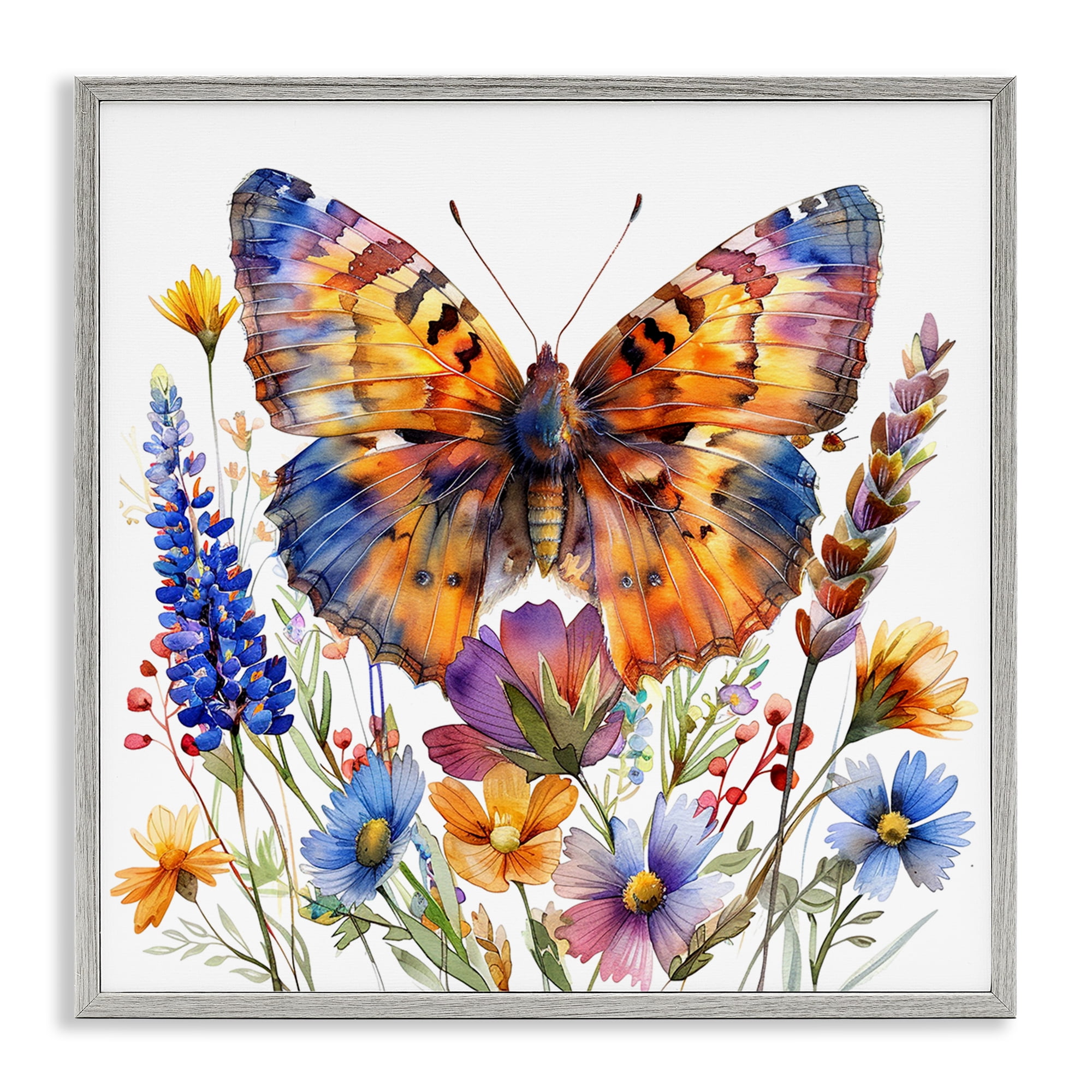 Stupell Industries Orange & Blue Butterfly Insects Painting Gray Framed Art Print Wall Art, 24 x 24