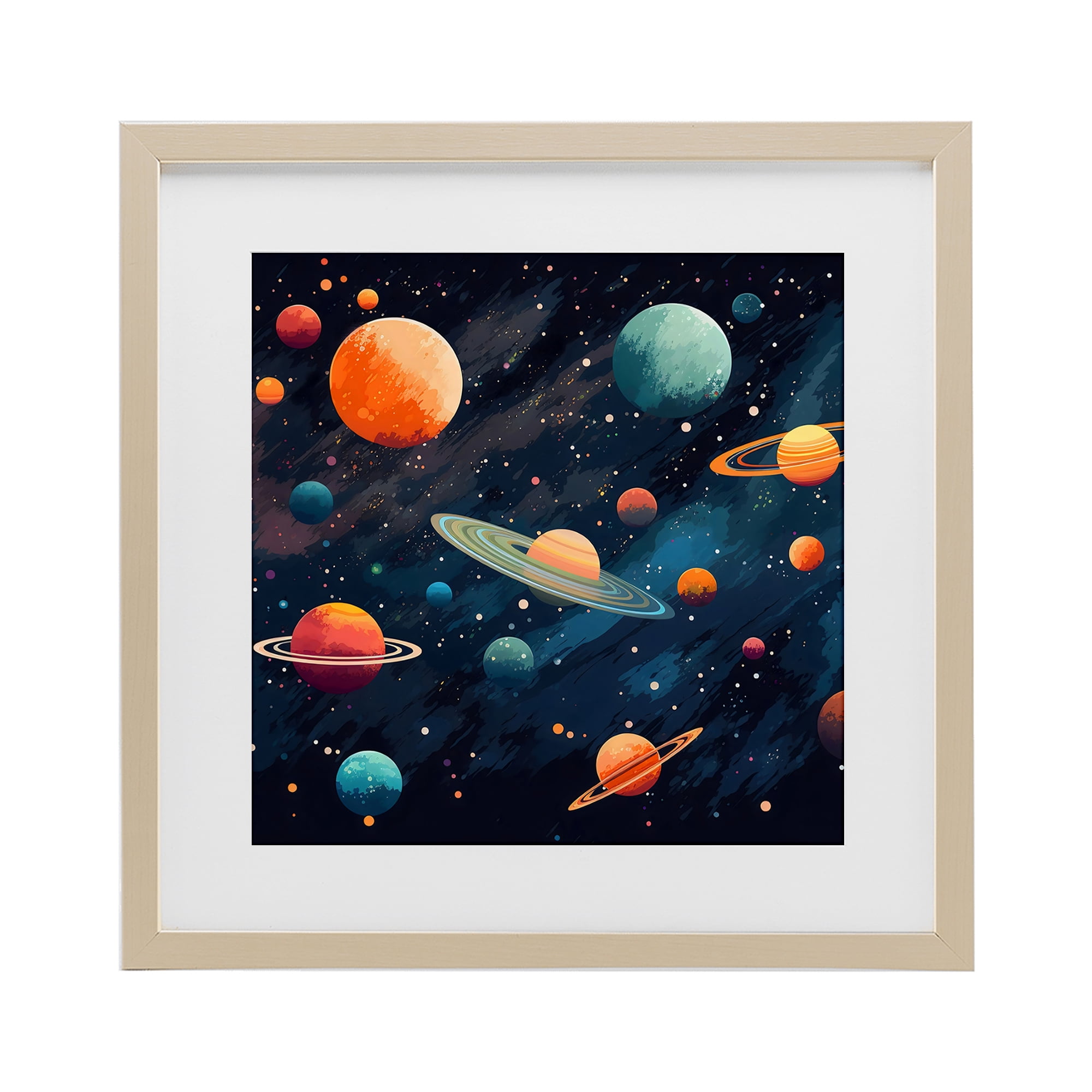 Stupell Industries Orange & Blue Planets in Orbit Birch Framed Print Under Glass, design by Creative Studio