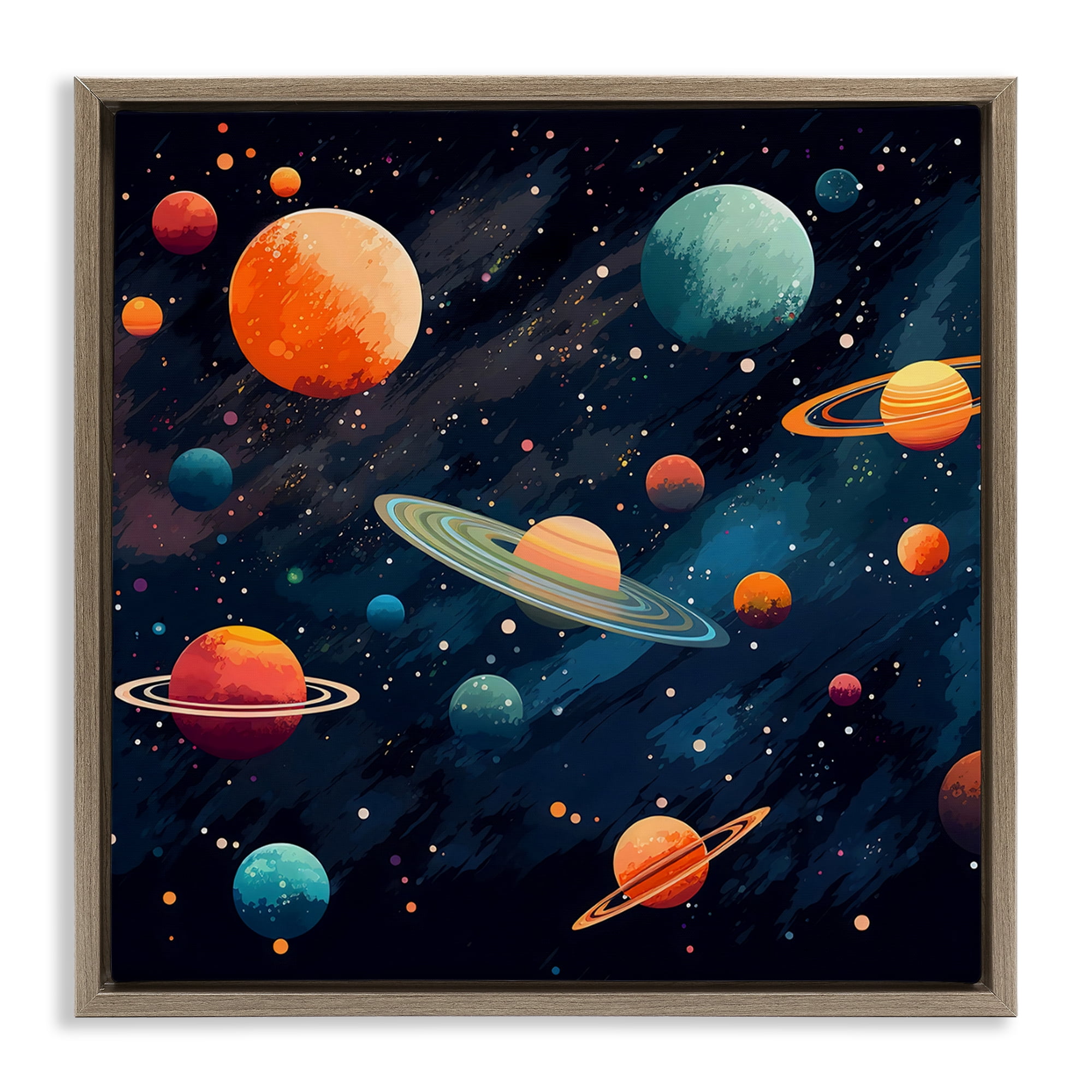 Stupell Industries Orange & Blue Planets in Orbit Brown Framed Floater Canvas Wall Art, design by Creative Studio