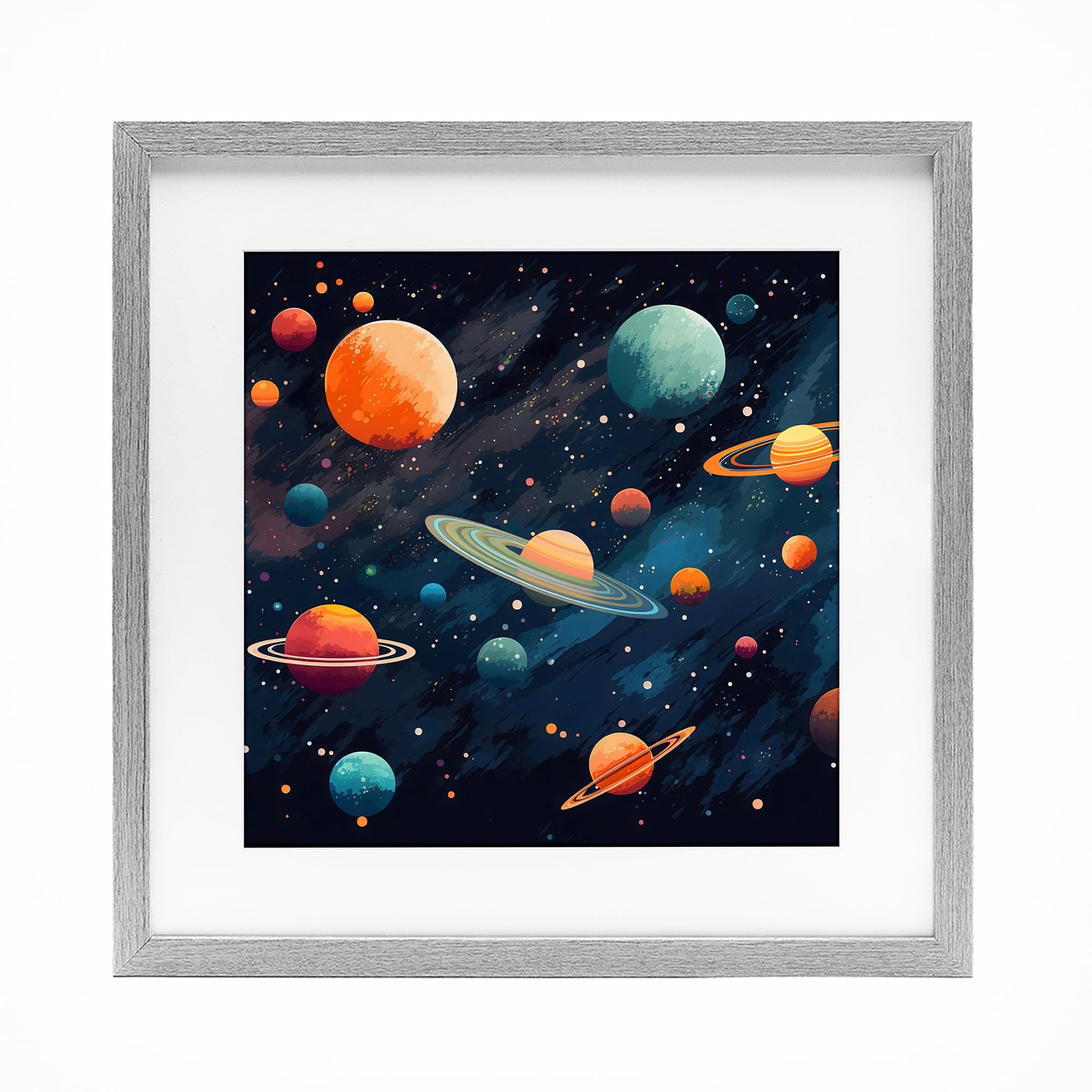 Stupell Industries Orange & Blue Planets in Orbit Gray Framed Print Under Glass, design by Creative Studio