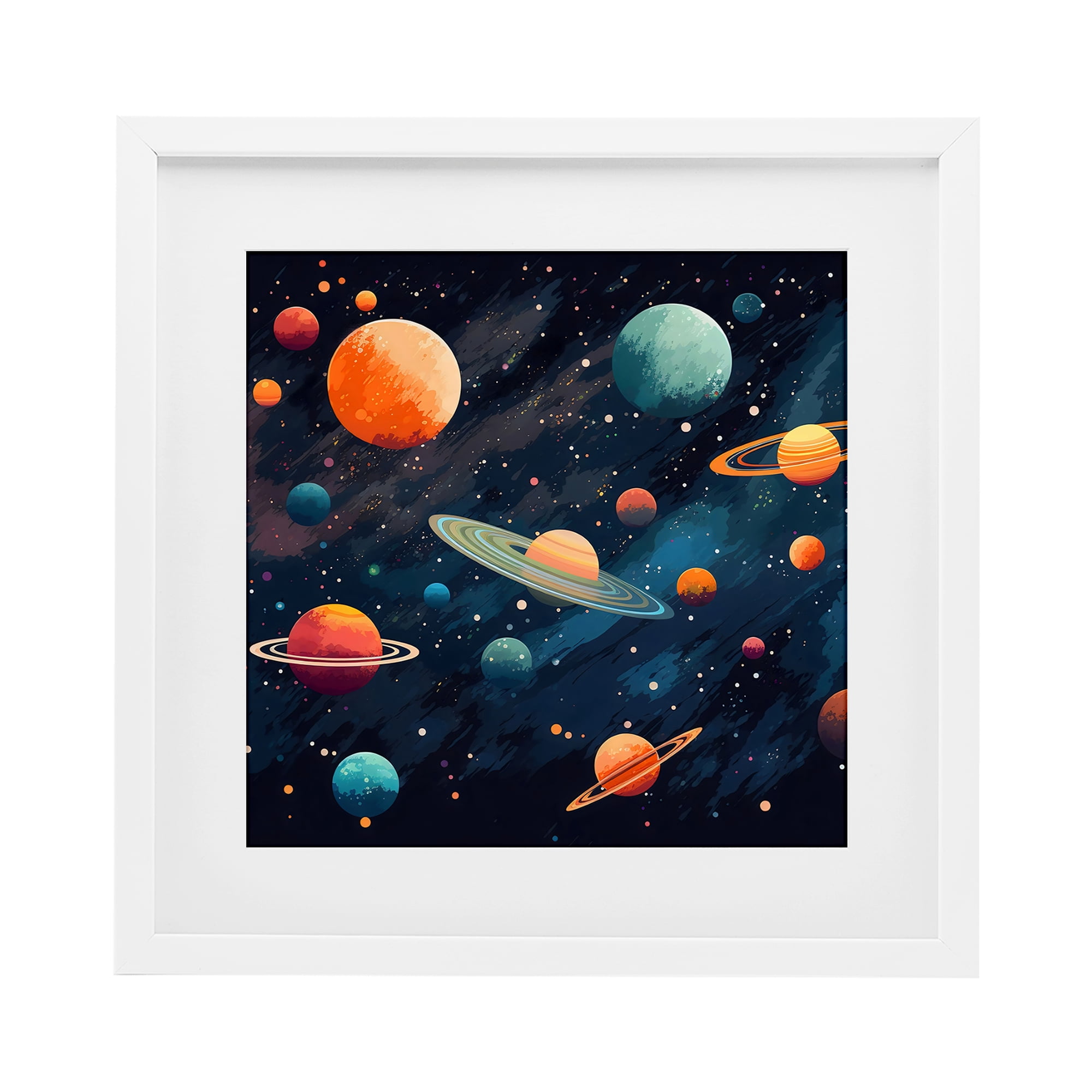 Stupell Industries Orange & Blue Planets in Orbit White Framed Print Under Glass, design by Creative Studio