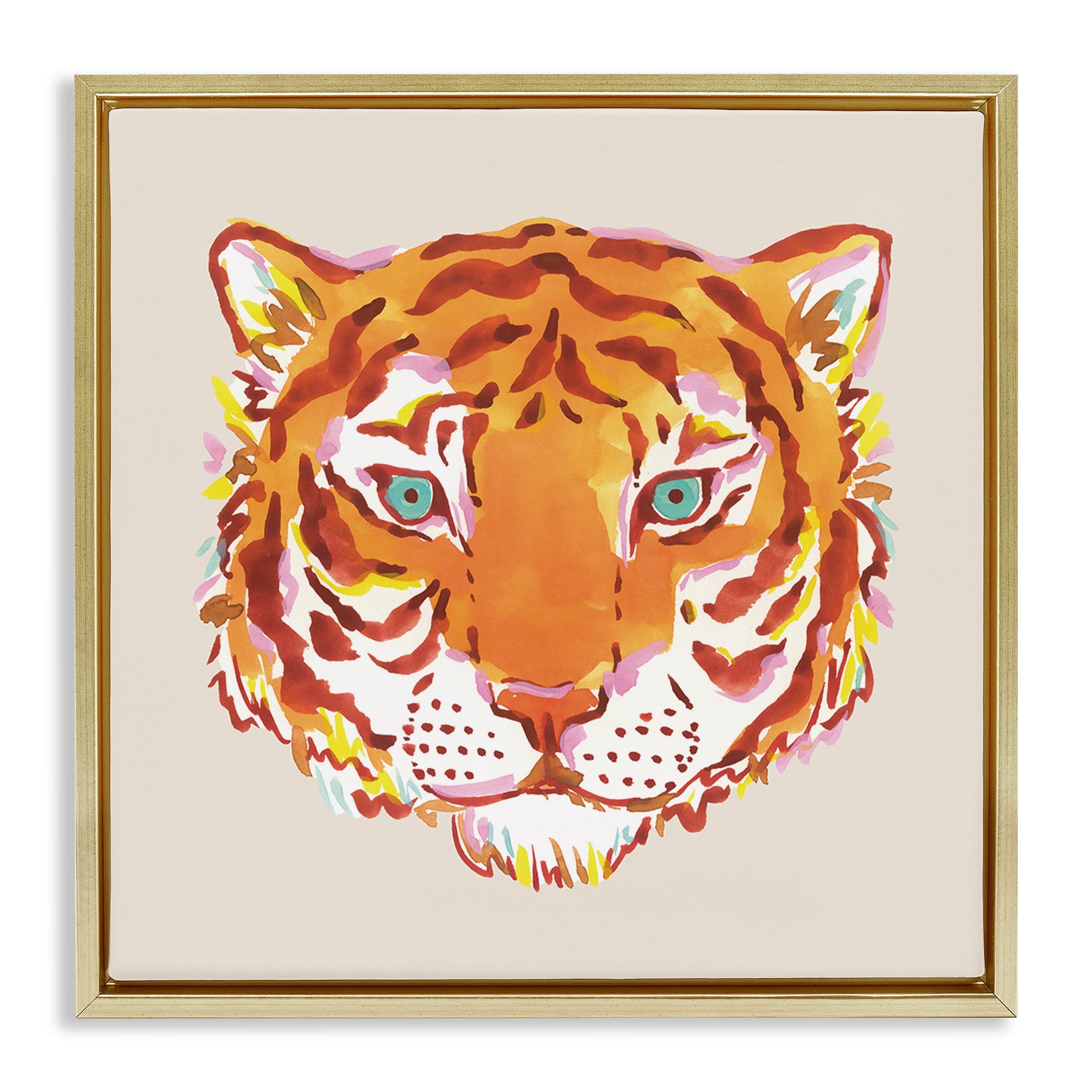 Stupell Industries Orange Boho Tiger Face Gold Framed Floater Canvas Wall Art, design by Karolina Sato
