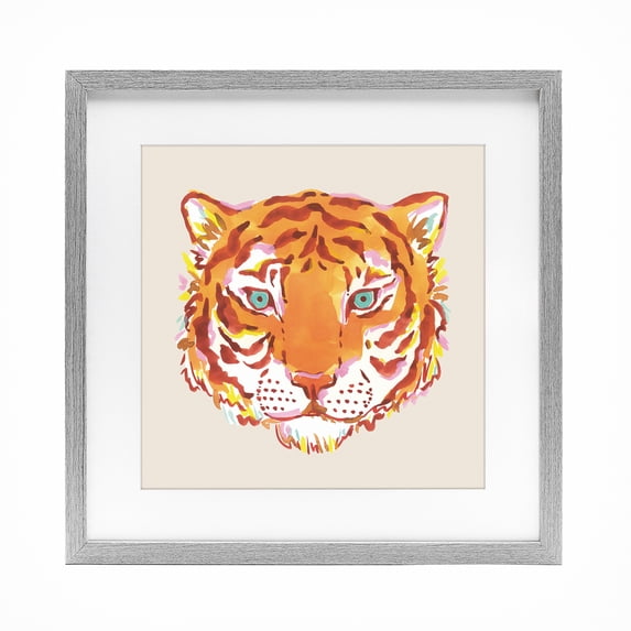 Stupell Industries Eclectic Orange Boho Tiger Face Gray Framed Print Under Glass, 16 x 16, by Karolina Sato