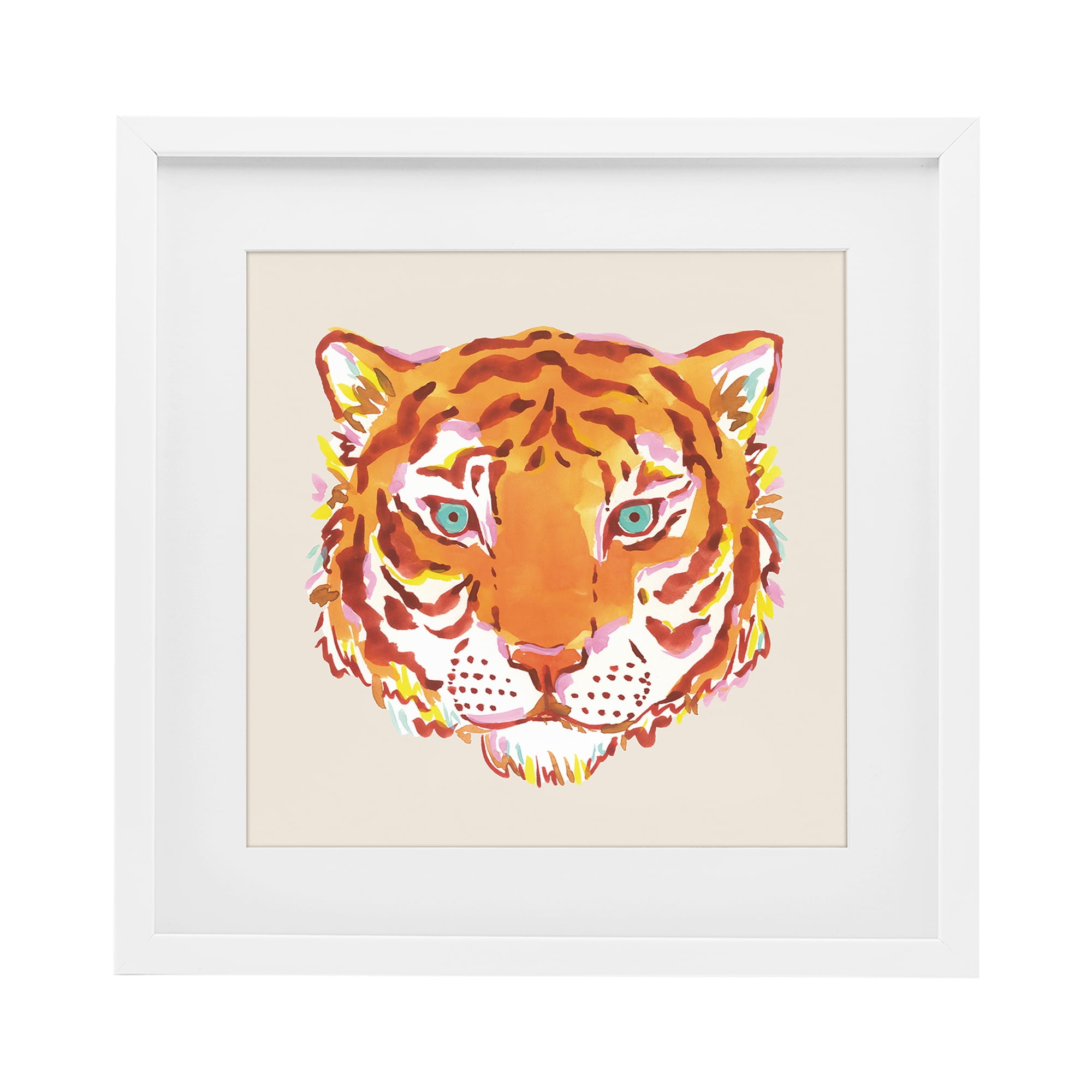 Stupell Industries Orange Boho Tiger Face White Framed Print Under Glass, design by Karolina Sato