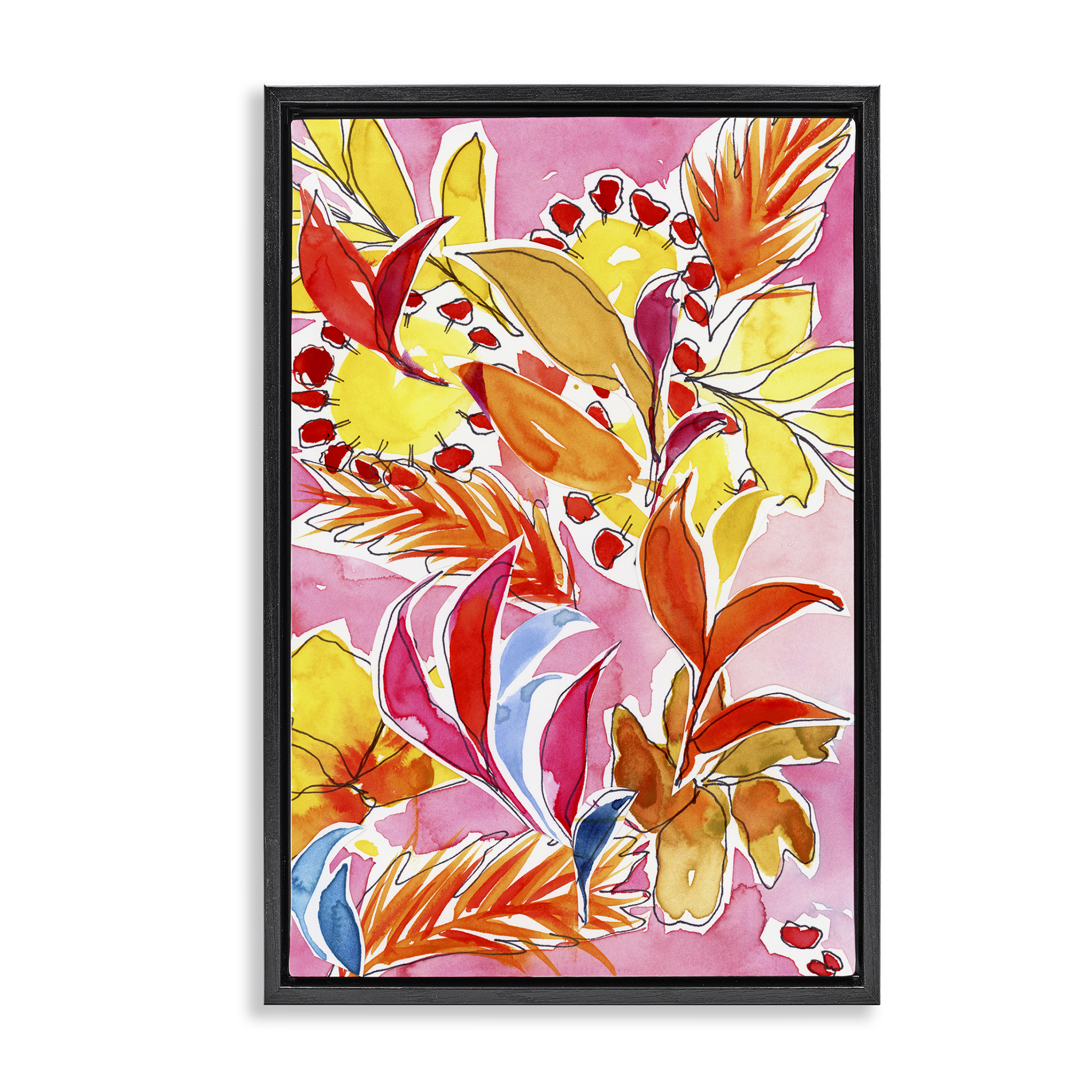 Stupell Industries Orange Botanicals on Pink Plants & Flowers Painting Black Floater Framed Canvas Art Print Wall Art, 21 x 31