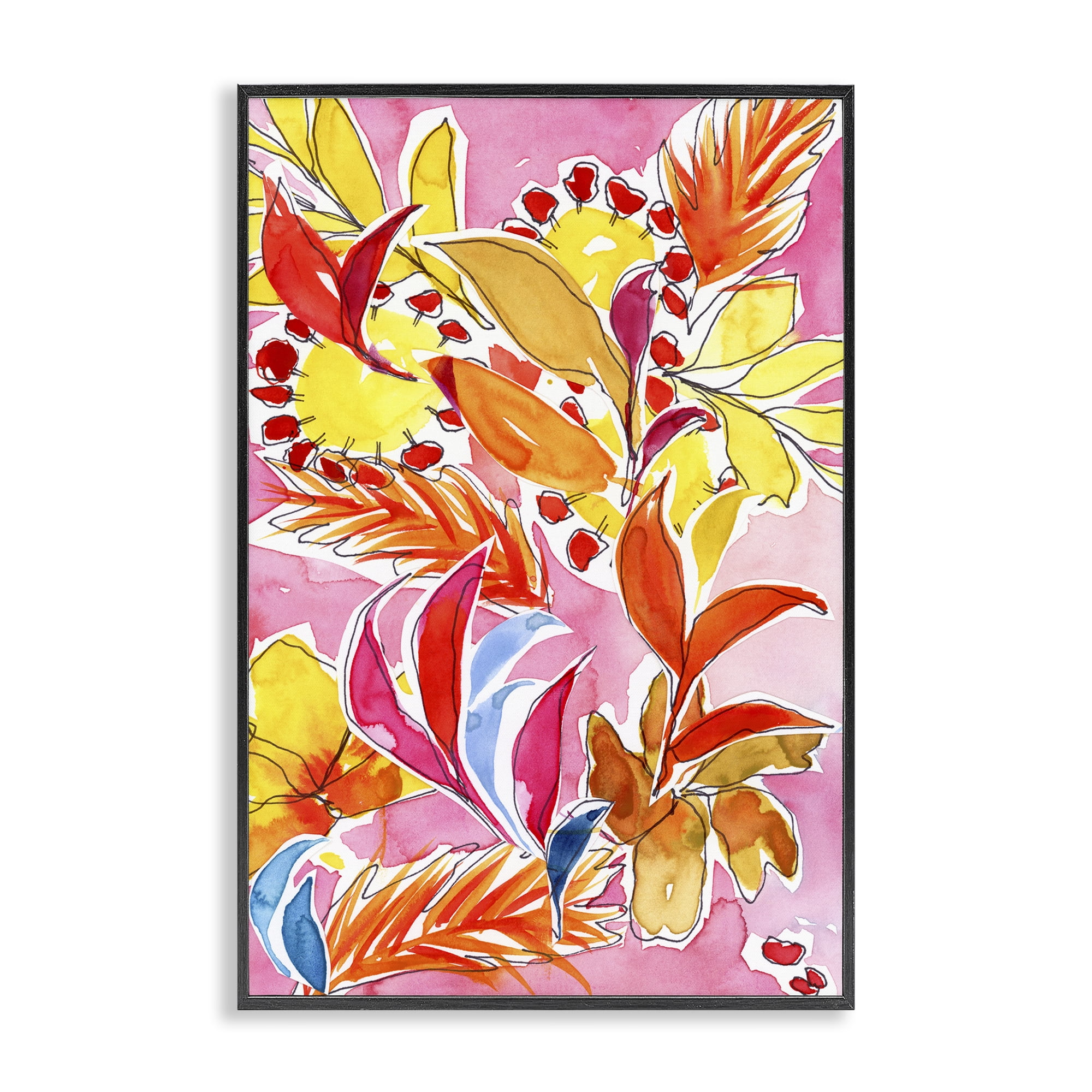 Stupell Industries Orange Botanicals on Pink Plants & Flowers Painting Black Framed Art Print Wall Art, 12 x 18
