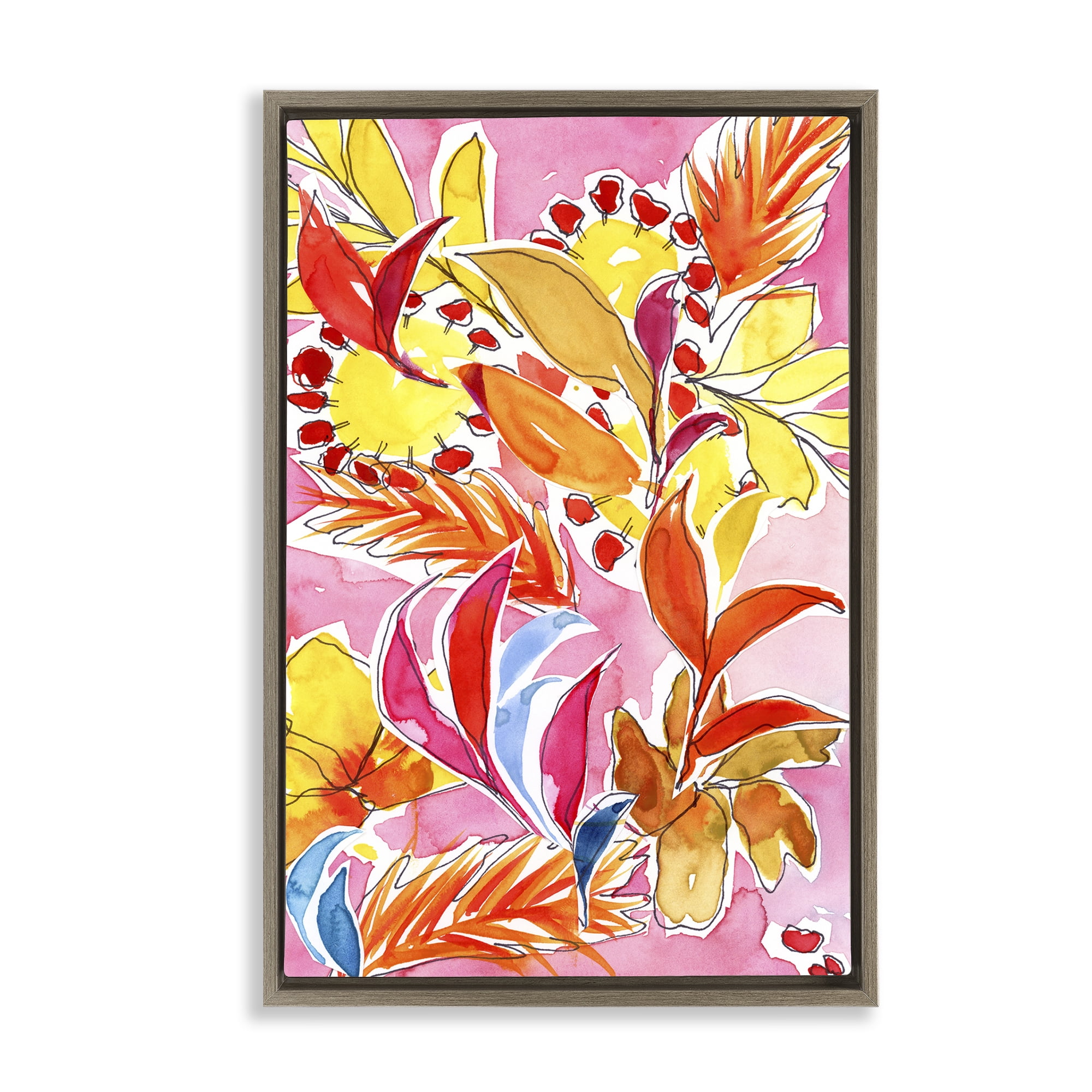 Stupell Industries Orange Botanicals on Pink Plants & Flowers Painting Brown Floater Framed Canvas Art Print Wall Art, 17 x 25