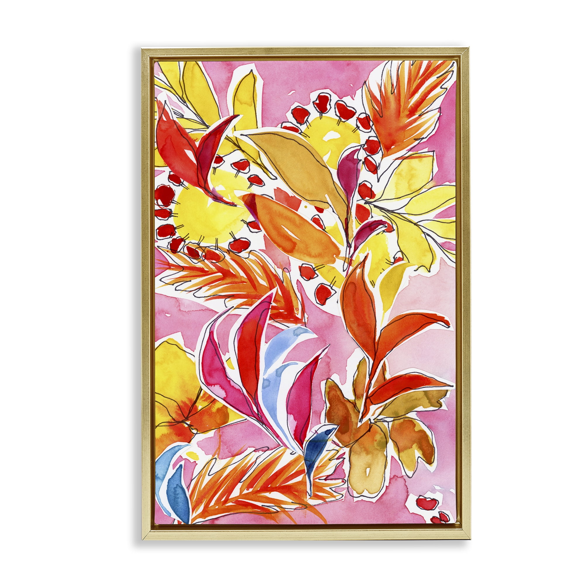 Stupell Industries Orange Botanicals on Pink Plants & Flowers Painting Gold Floater Framed Canvas Art Print Wall Art, 21 x 31