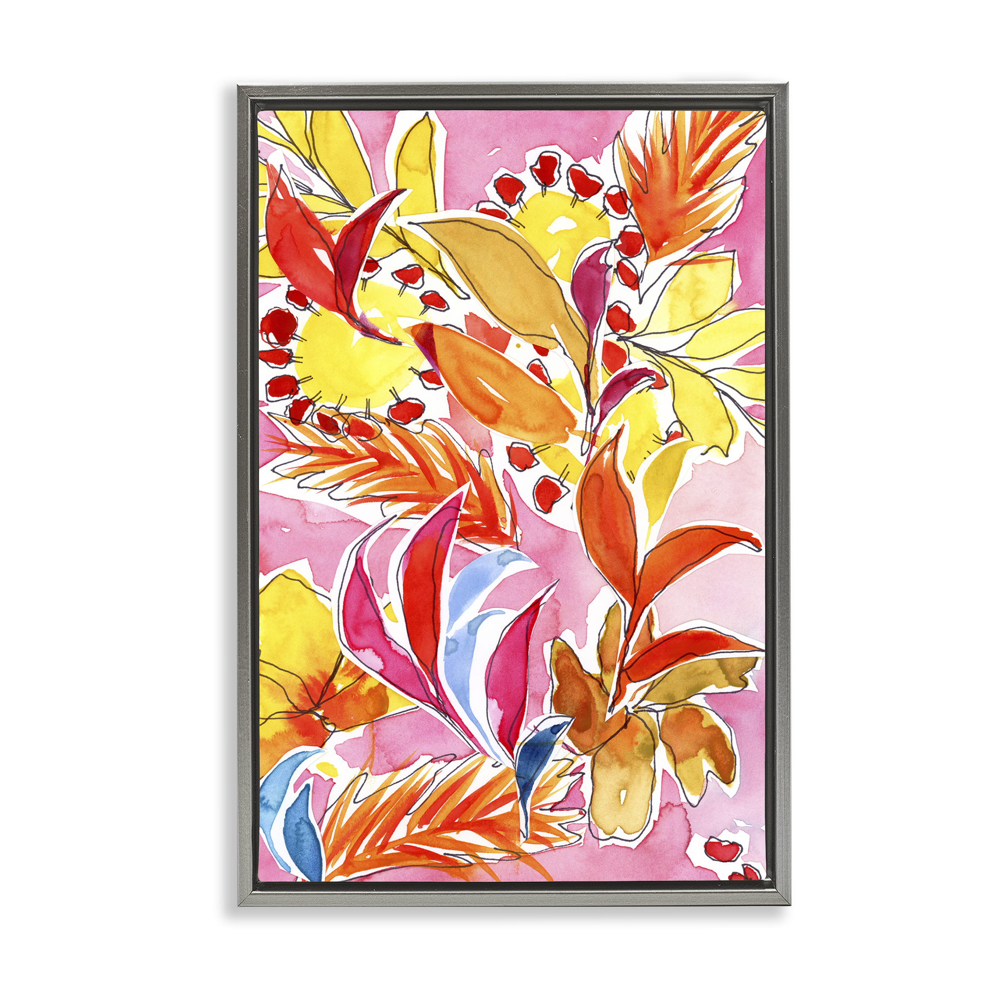 Stupell Industries Orange Botanicals on Pink Plants & Flowers Painting Gray Floater Framed Canvas Art Print Wall Art, 17 x 25