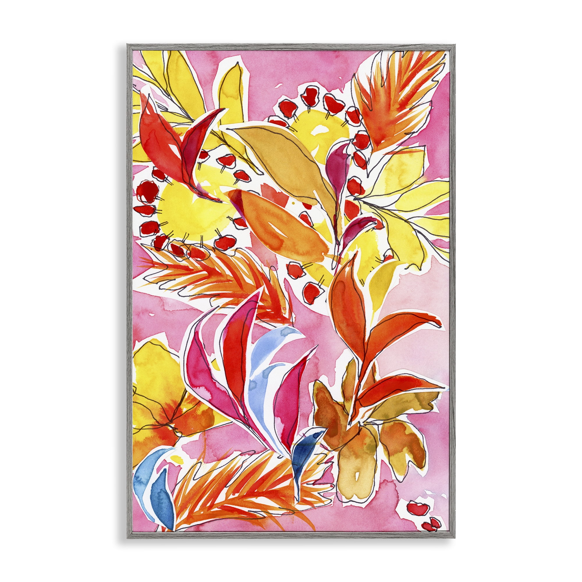 Stupell Industries Orange Botanicals on Pink Plants & Flowers Painting Gray Framed Art Print Wall Art, 20 x 30