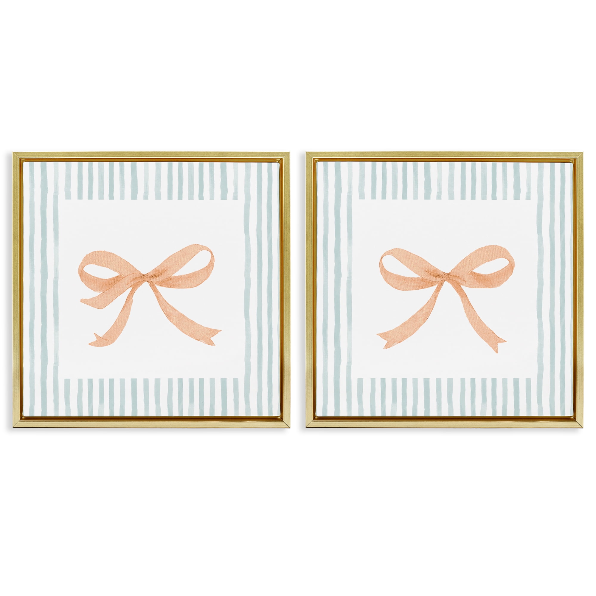 Stupell Industries Orange Bows and Blue Stripes 2 Piece Gold Framed Floater Canvas Set, design by Patricia Pinto