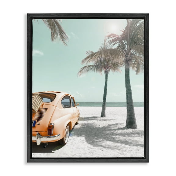 Stupell Industries Orange Car on Beach Coastal Painting Black Floater Framed Canvas Art Print Wall Art, 17 x 21