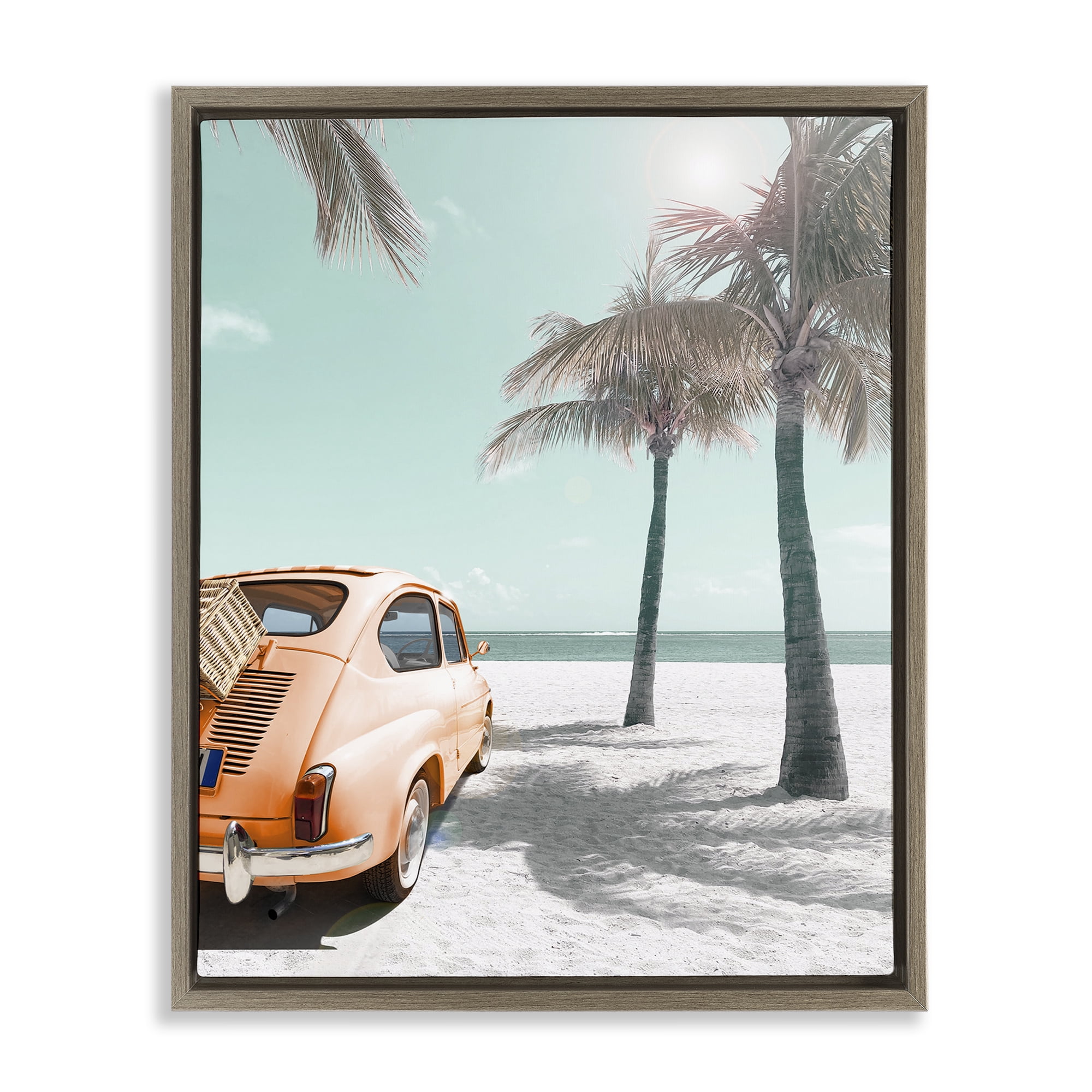 Stupell Industries Orange Car on Beach Coastal Painting Brown Floater Framed Canvas Art Print Wall Art, 25 x 31