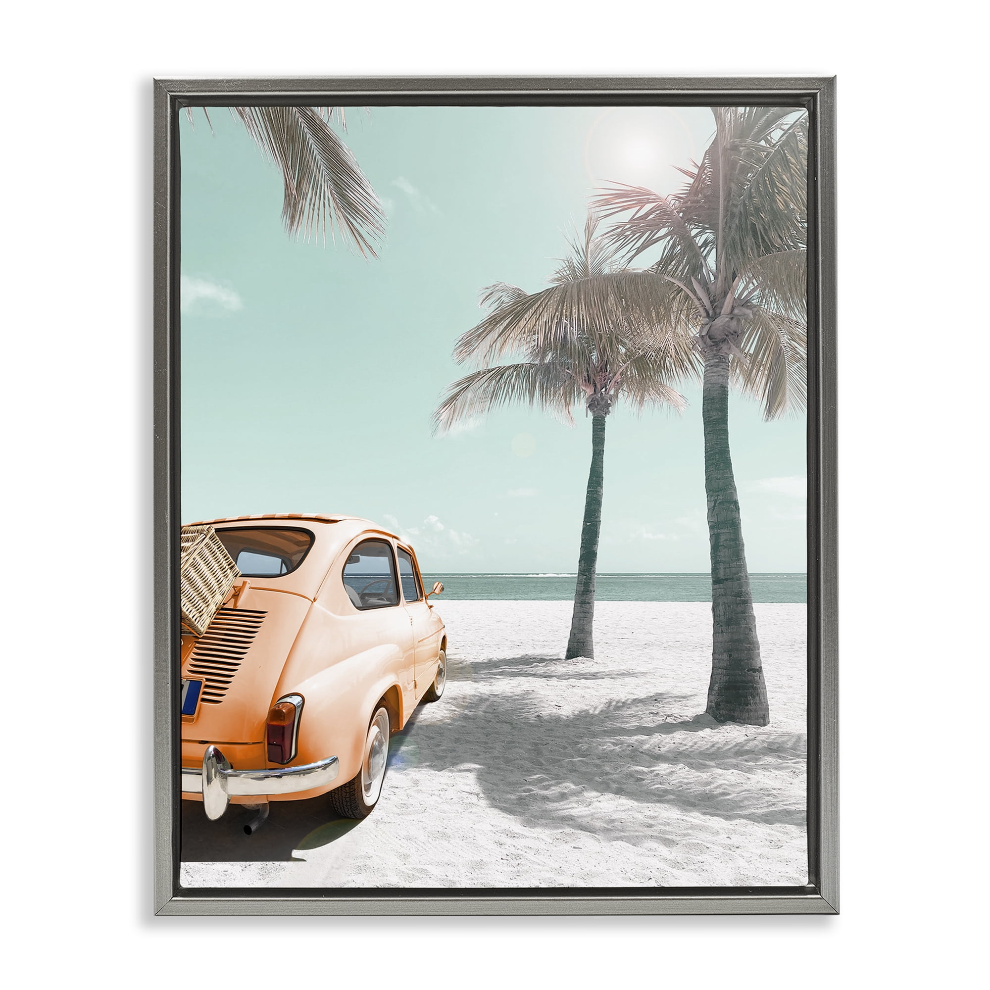 Stupell Industries Orange Car on Beach Coastal Painting Gray Floater Framed Canvas Art Print Wall Art, 25 x 31