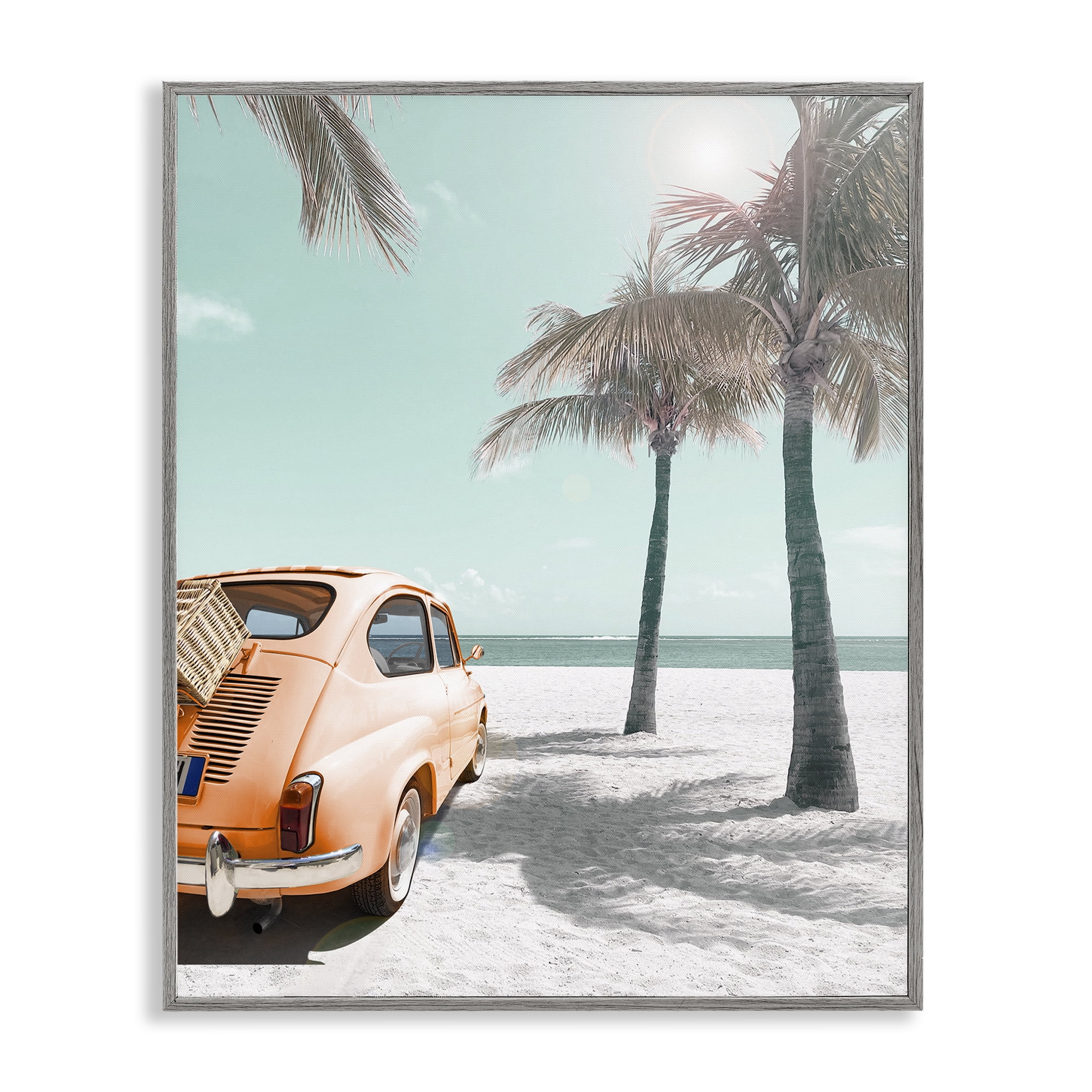 Stupell Industries Orange Car on Beach Coastal Painting Gray Framed Art Print Wall Art, 16 x 20