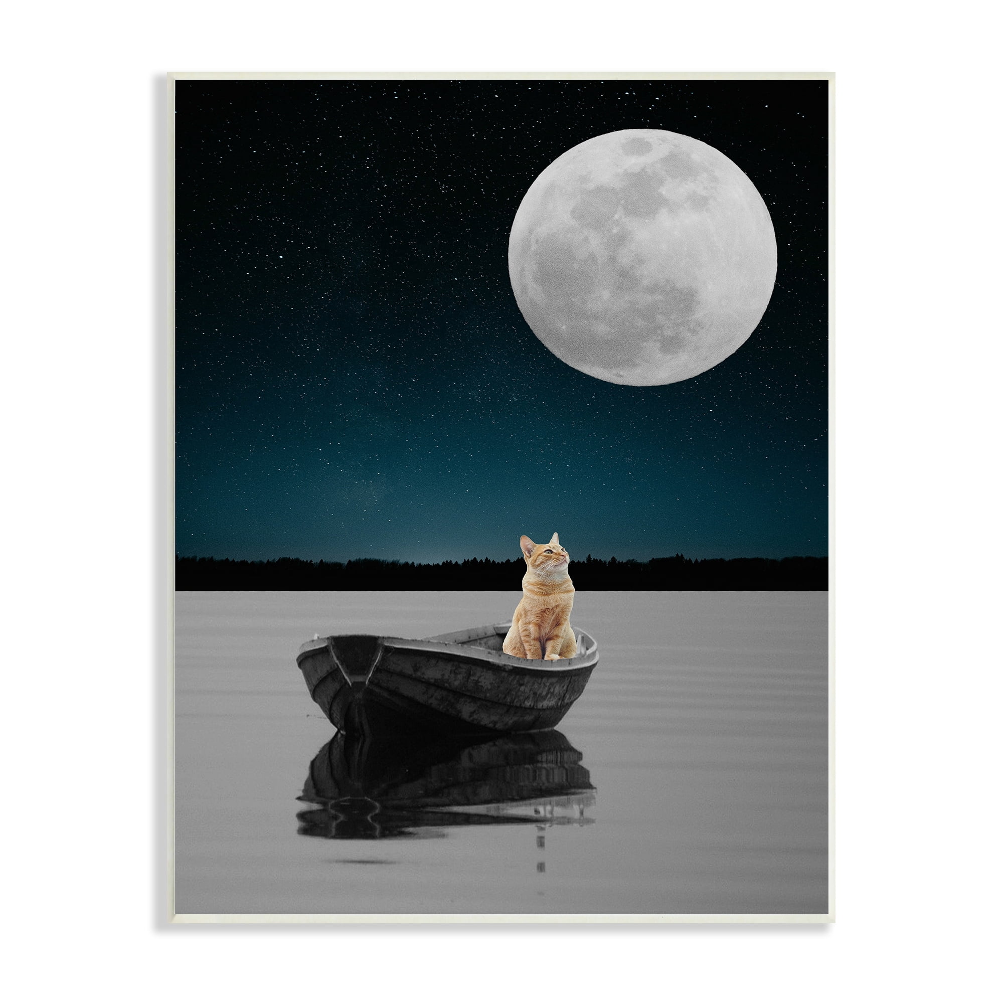 Stupell Industries Orange Cat Floating Rowboat Nighttime Moon Lake Scene , 13 x 19, Design by Atelier Posters