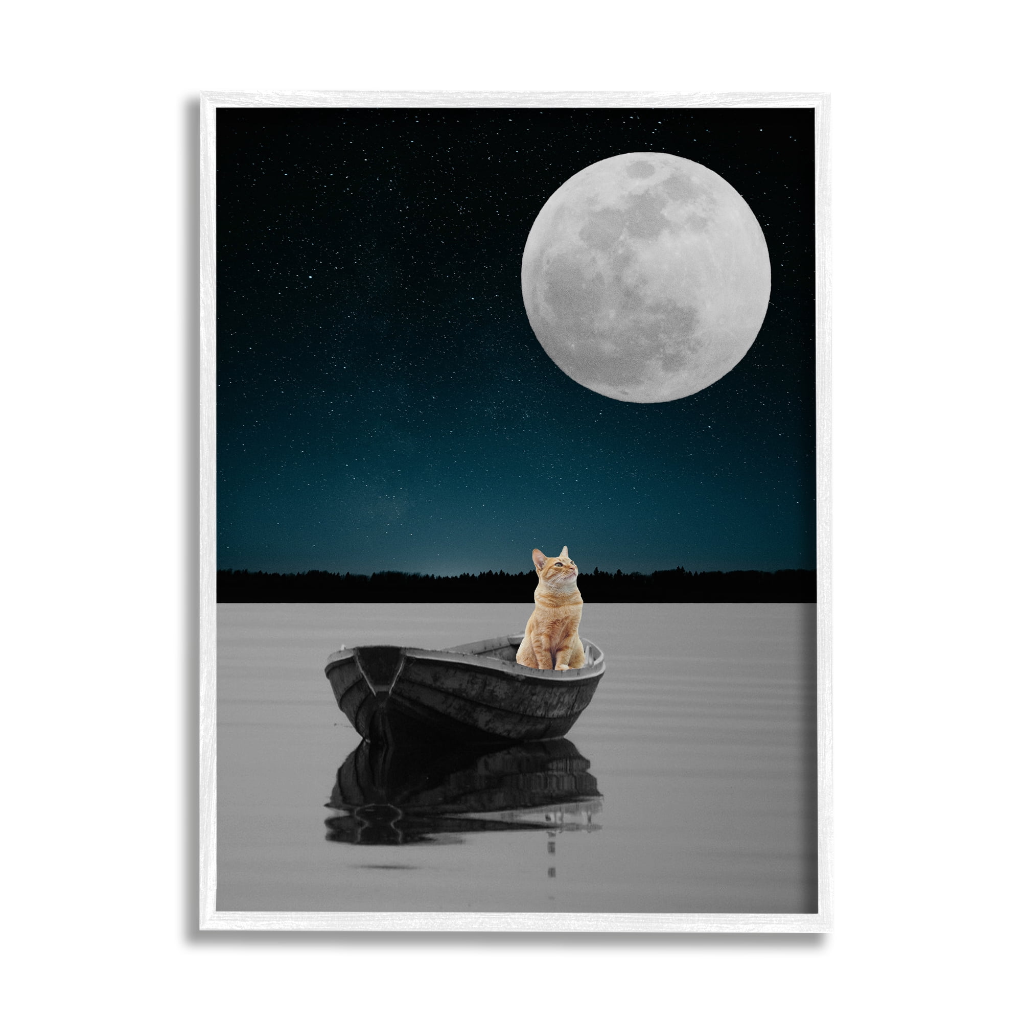 Stupell Industries Orange Cat Floating Rowboat Nighttime Moon Lake Scene , 16 x 20, Design by Atelier Posters