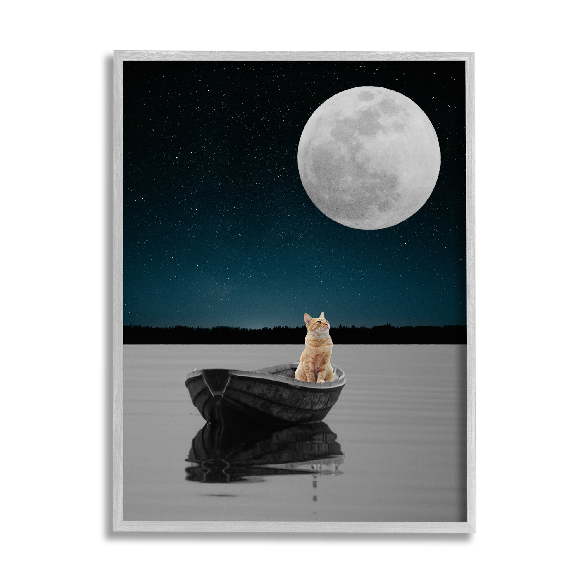 Stupell Industries Orange Cat Floating Rowboat Nighttime Moon Lake Scene , 16 x 20, Design by Atelier Posters