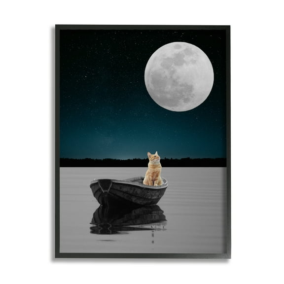 Stupell Industries Orange Cat Floating Rowboat Nighttime Moon Lake Scene , 16 x 20, Design by Atelier Posters