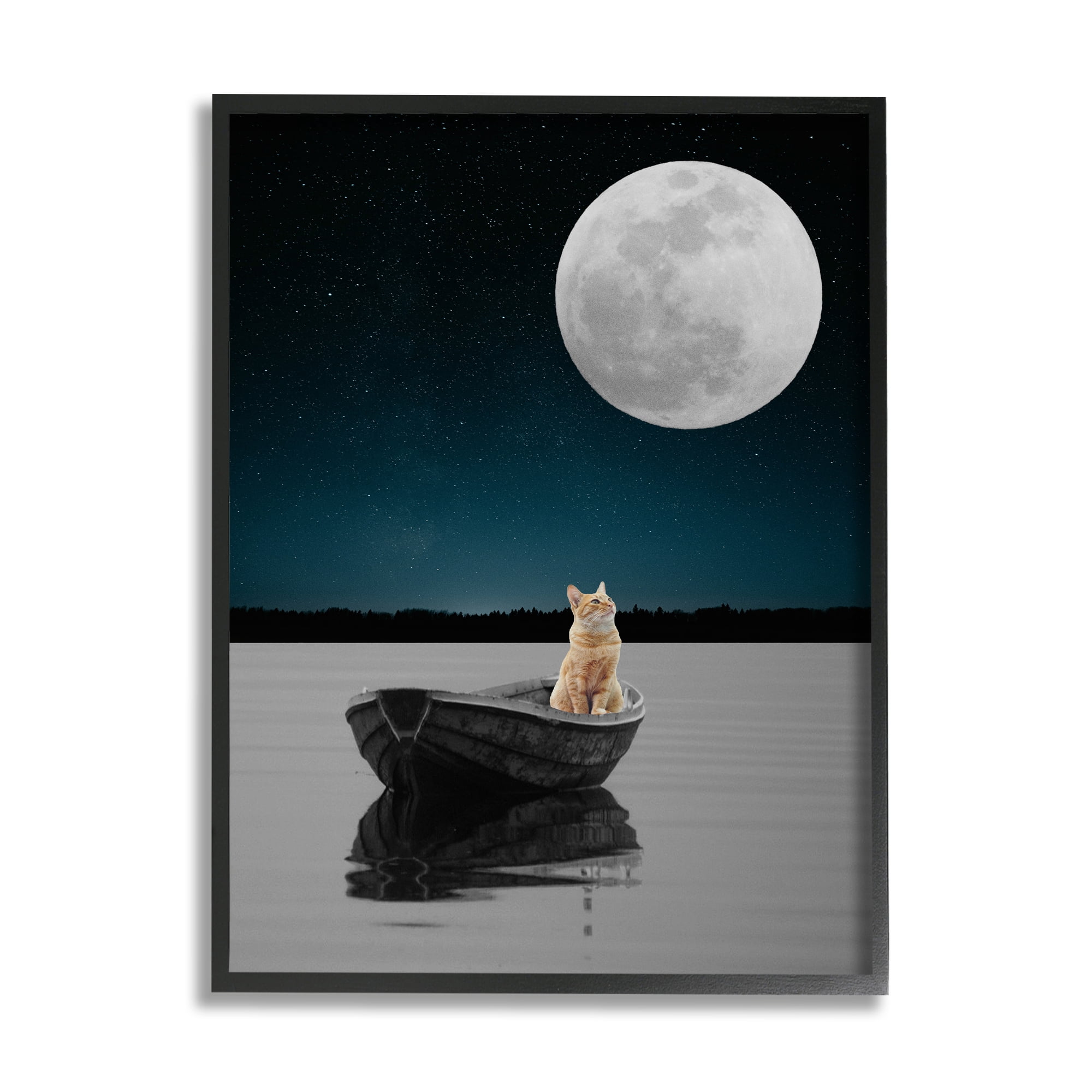 Stupell Industries Orange Cat Floating Rowboat Nighttime Moon Lake Scene Graphic Art Black Framed Art Print Wall Art, 11x14, by Atelier Posters