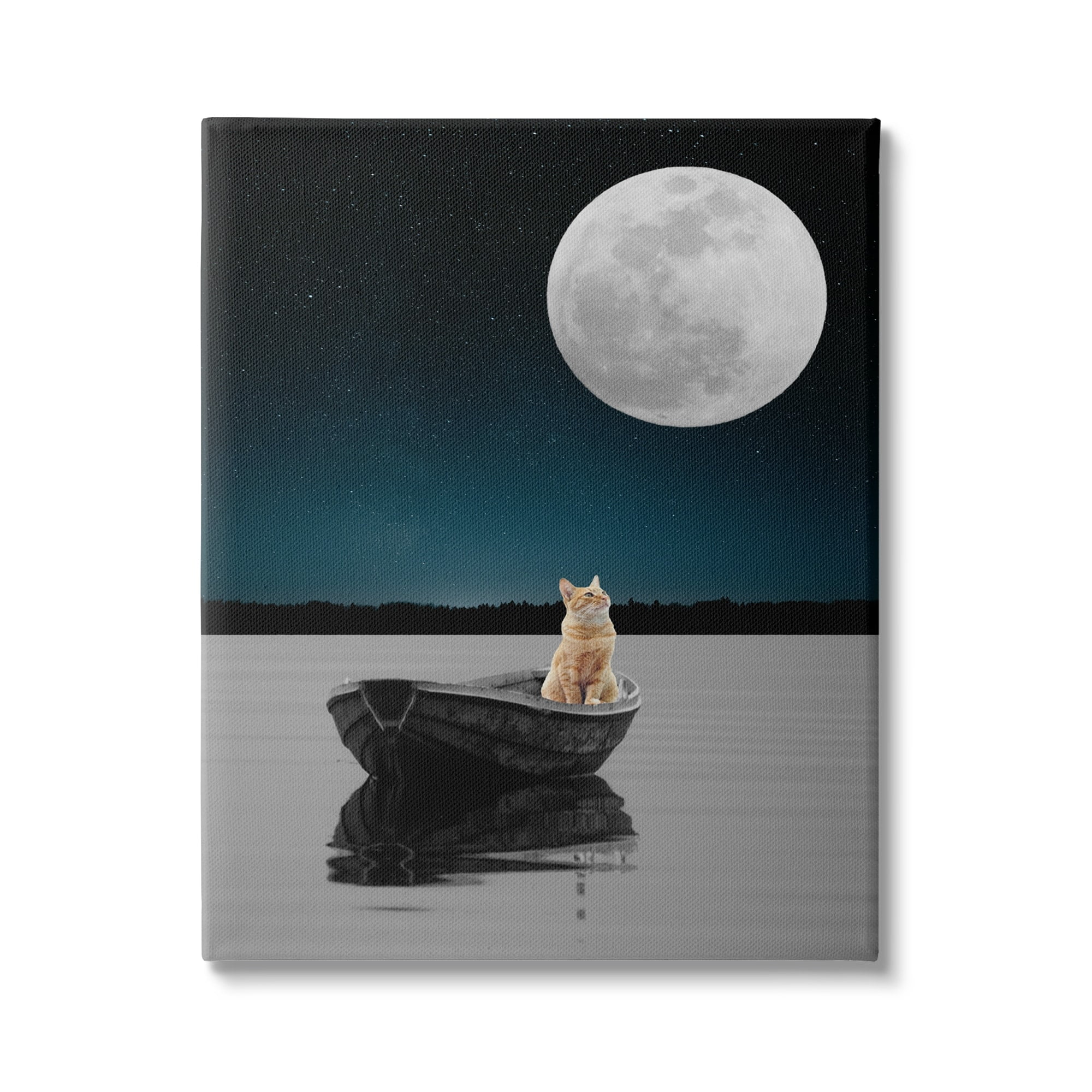 Stupell Industries Orange Cat Floating Rowboat Nighttime Moon Lake Scene Graphic Art Gallery-Wrapped Canvas Print Wall Art, 30x40, by Atelier Posters