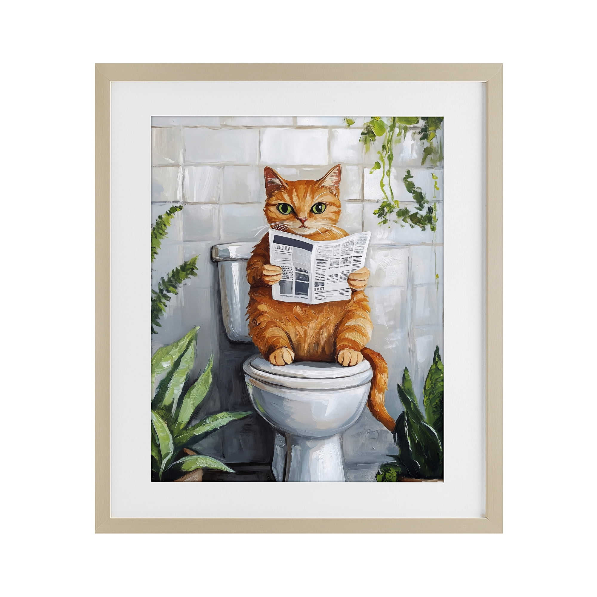 Stupell Industries Orange Cat Reading Paper Birch Framed Print Under Glass, design by The Prints Vibe