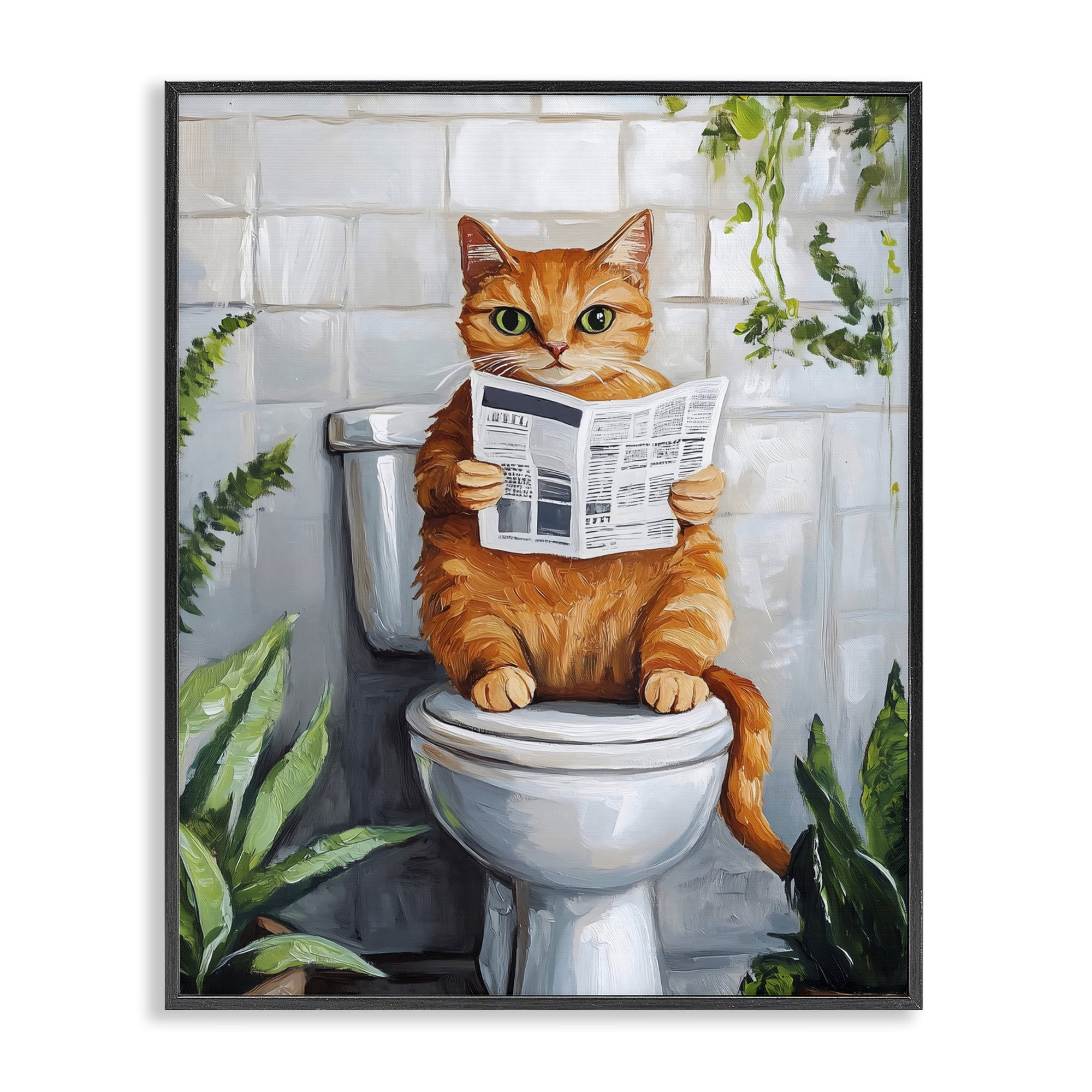 Stupell Industries Orange Cat Reading Paper Black Framed Giclee Art, design by The Prints Vibe