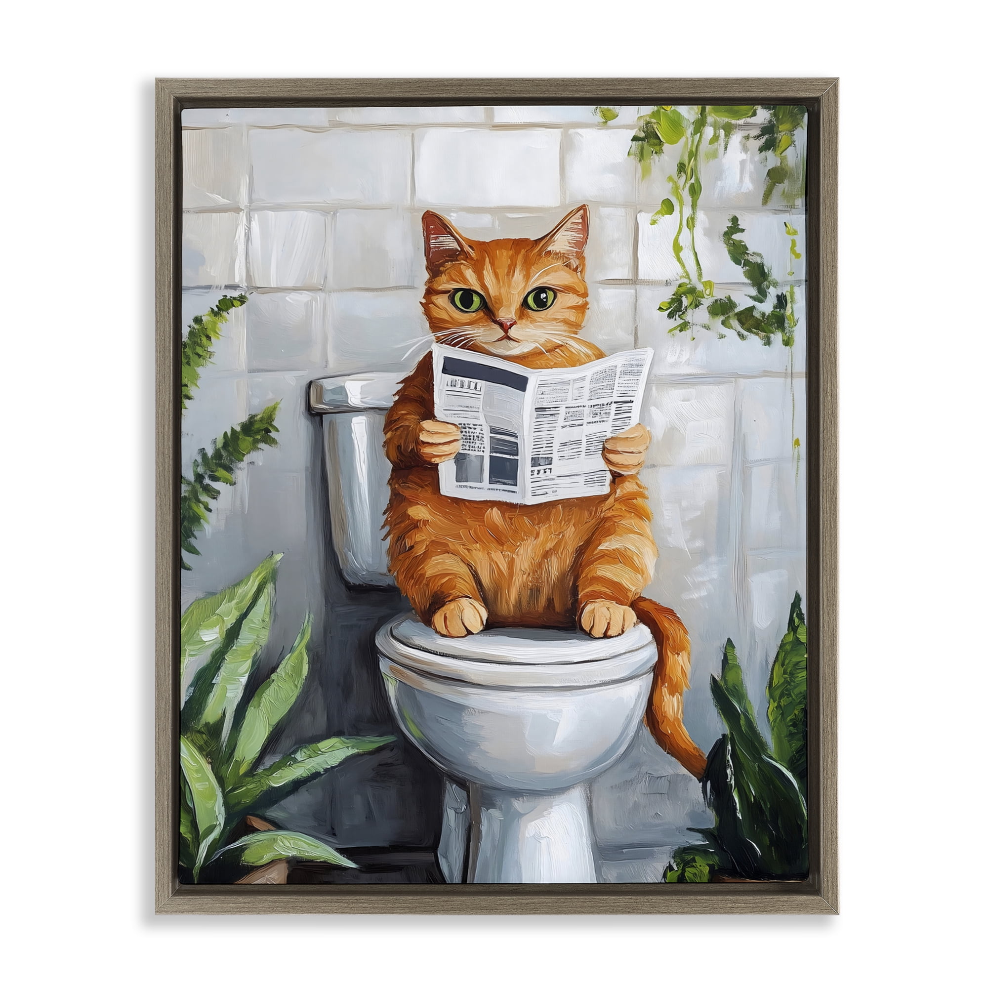 Stupell Industries Orange Cat Reading Paper Brown Framed Floater Canvas Wall Art, design by The Prints Vibe
