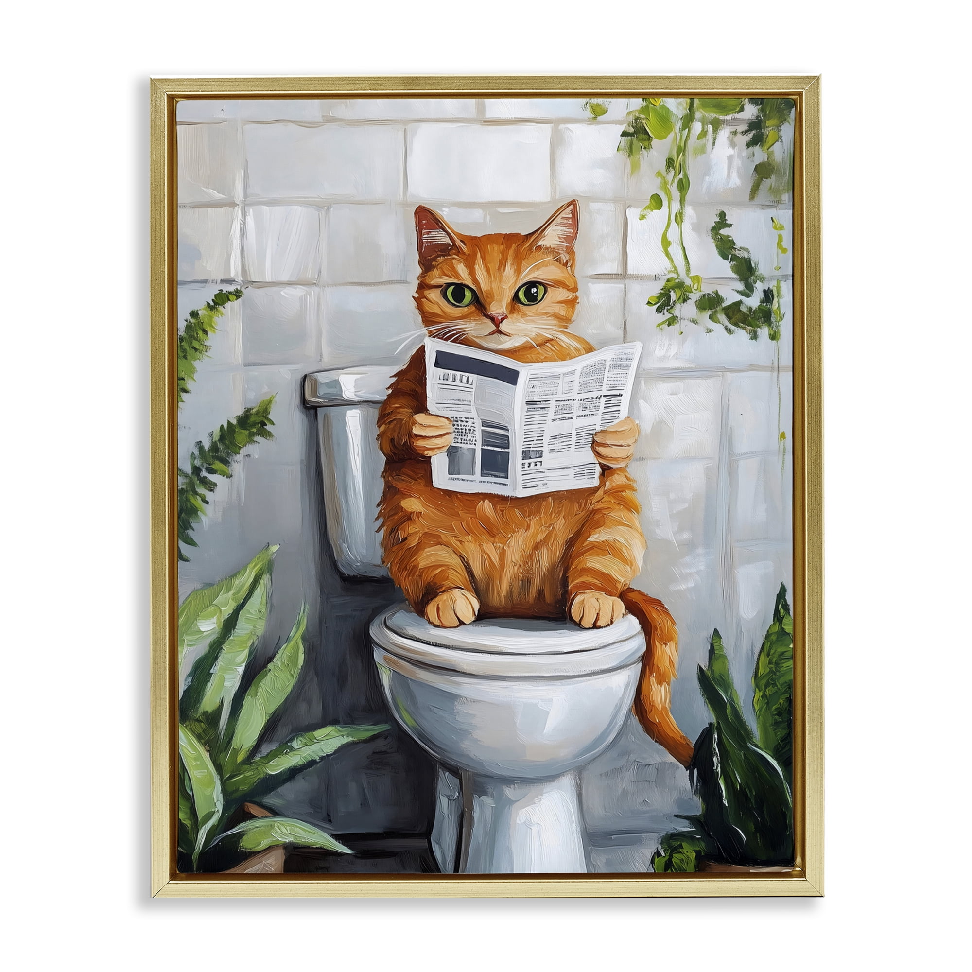 Stupell Industries Orange Cat Reading Paper Gold Framed Floater Canvas Wall Art, design by The Prints Vibe