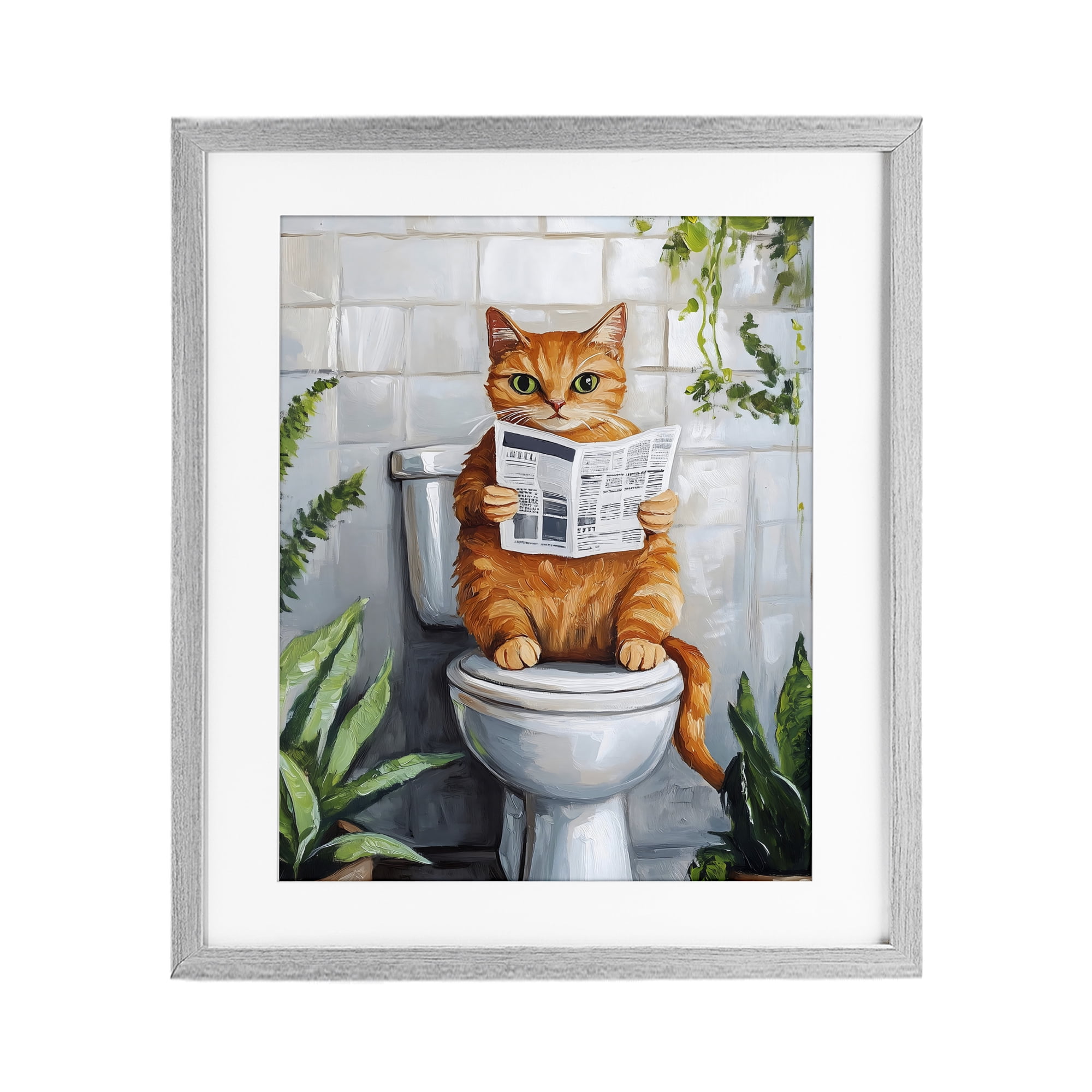Stupell Industries Orange Cat Reading Paper Gray Framed Print Under Glass, design by The Prints Vibe