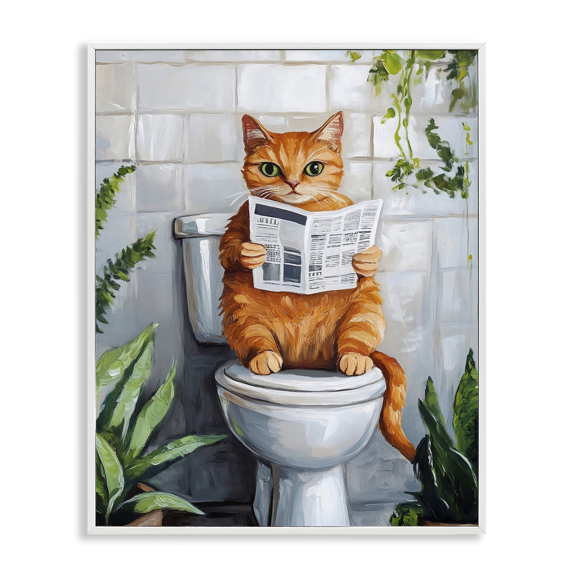 Stupell Industries Orange Cat Reading Paper White Framed Giclee Art, design by The Prints Vibe
