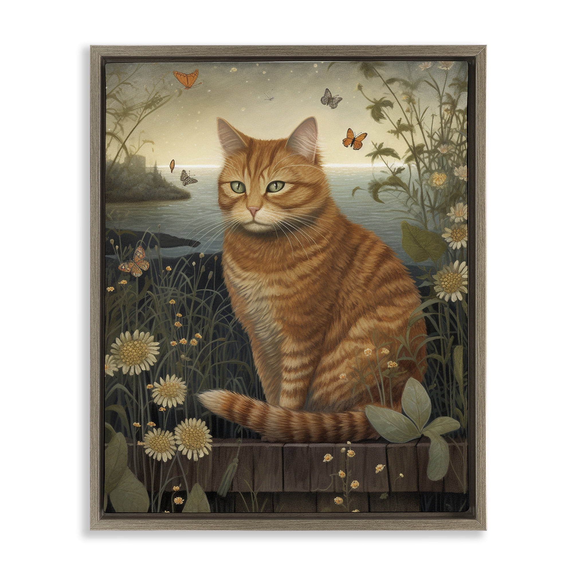 Stupell Industries Orange Cat by Pond Animals & Insects Painting Brown Floater Framed Canvas Art Print Wall Art, 25 x 31